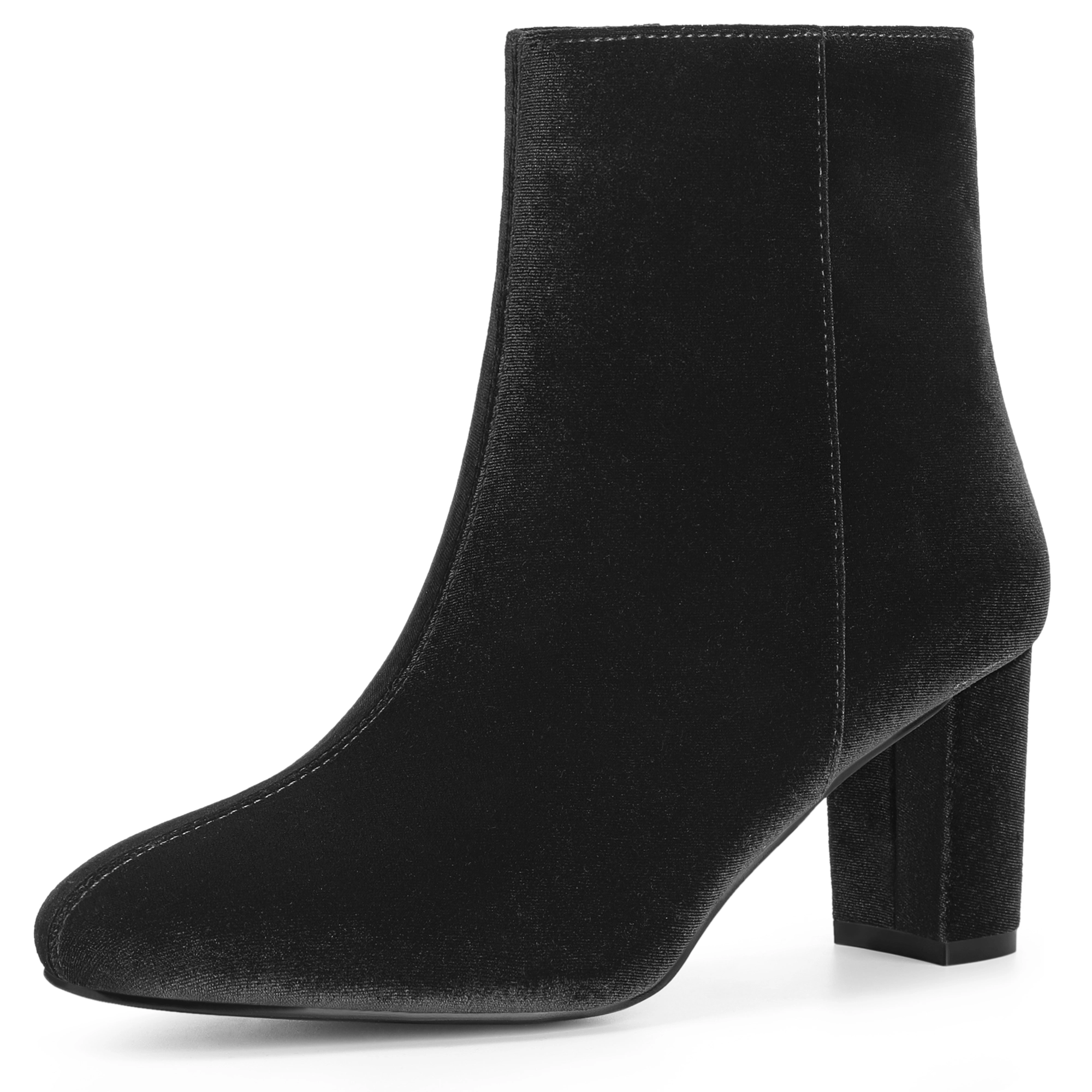 BLISSFUL STEP Women Faux Velvet Round Toe Chunky Heel Ankle Boots Side Zip