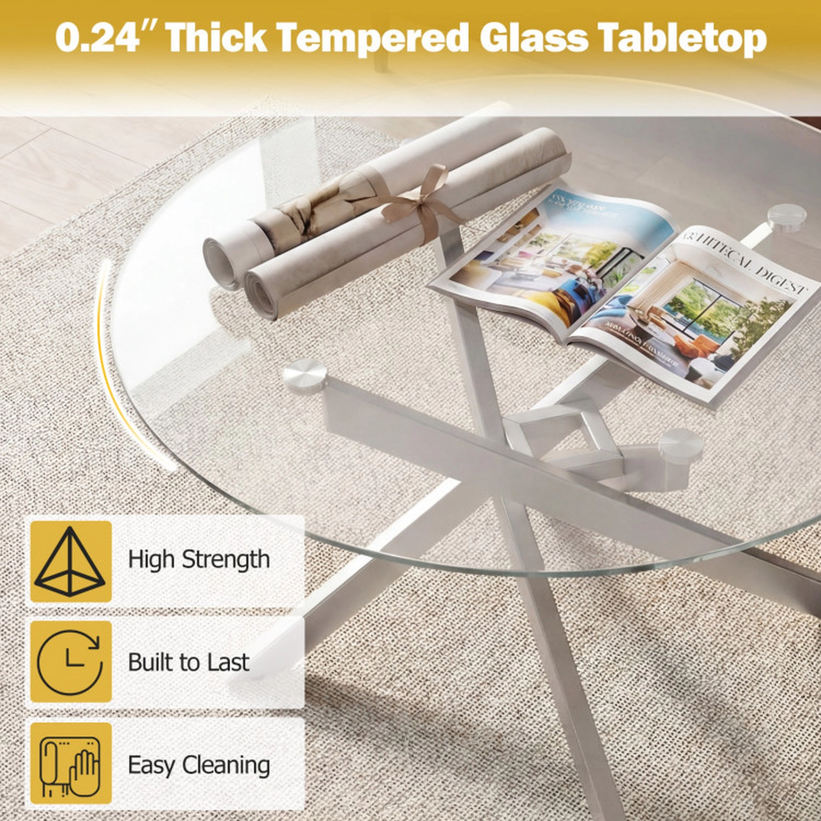 SUGIFT Round Tempered Glass Coffee Table 110-lb Capacity Transparent & Gold or Transparent & Silver