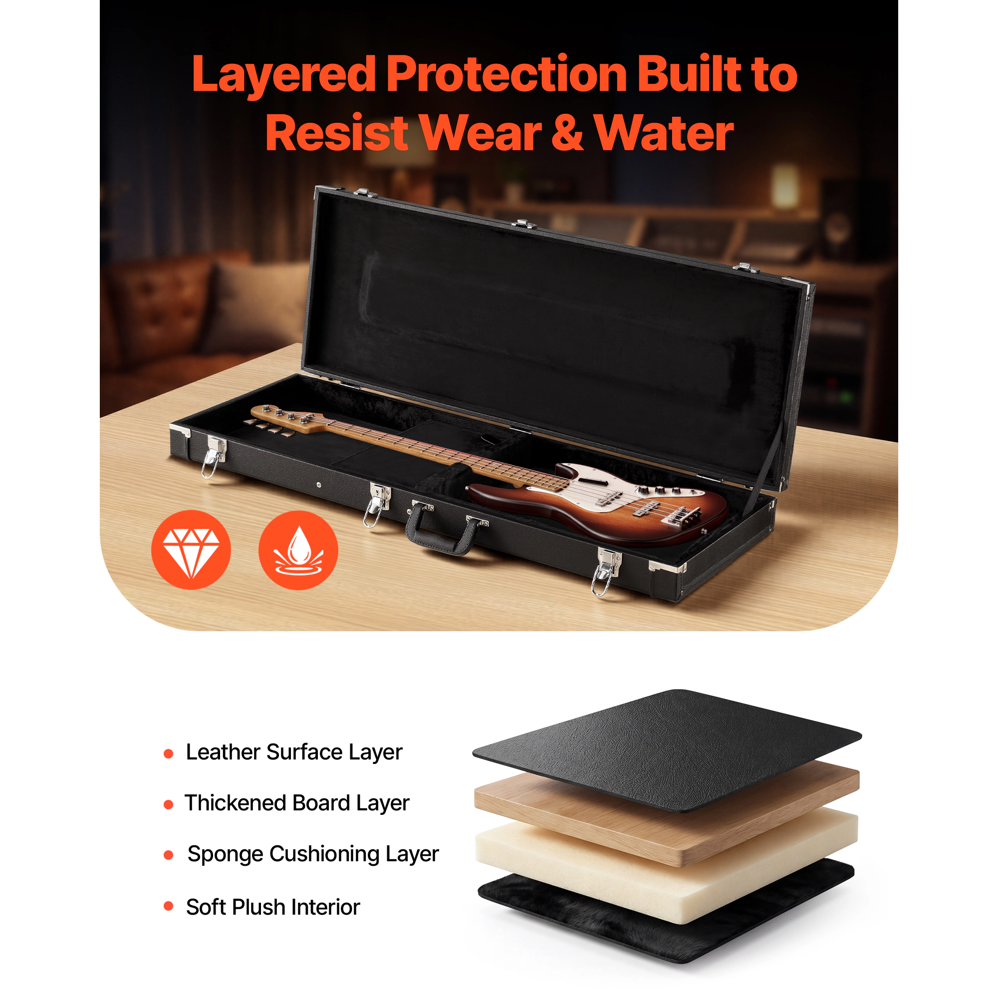 HONGGE Electric Guitar Hard Case 41.3 Inch Rectangle Wooden Hard-Shell Protective Carrying with Lock Latch Padding