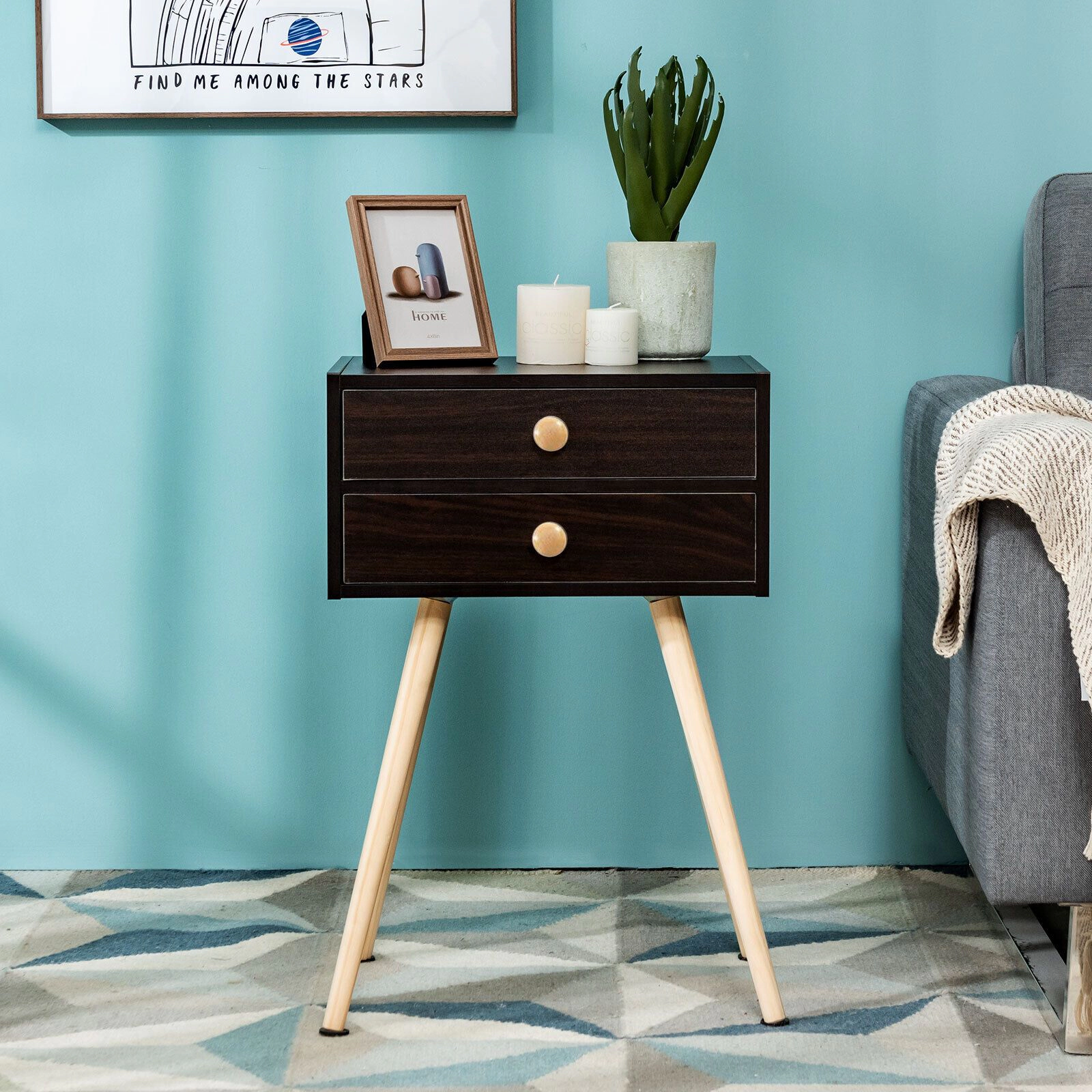 SlickBlue Brown Nightstand with Solid Wood Legs