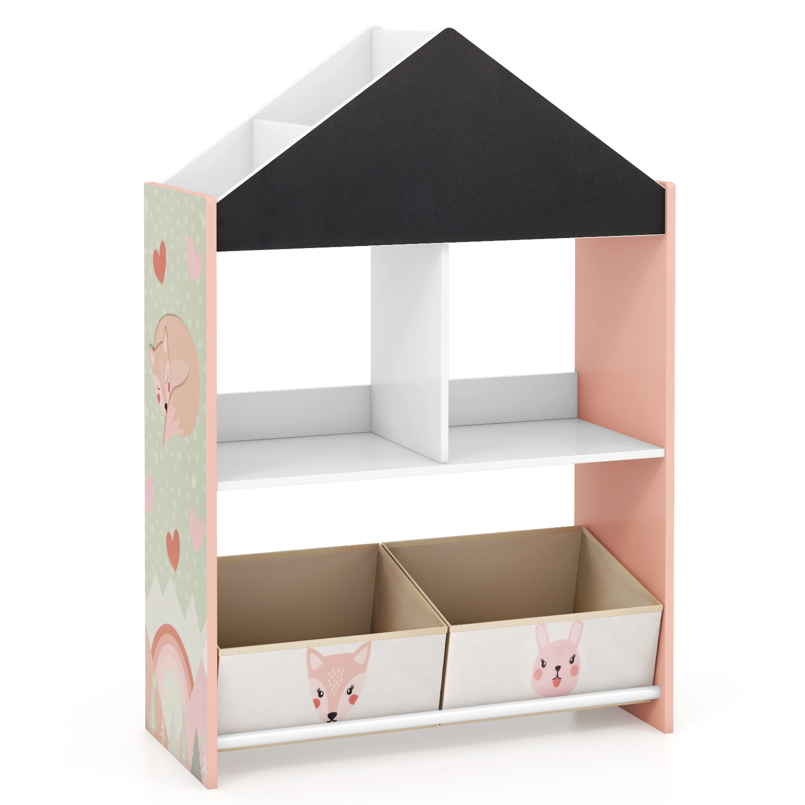 SUGIFT Playhouse Kids Bookshelf with Chalkboard and Whiteboard for 3-6 Years Pink
