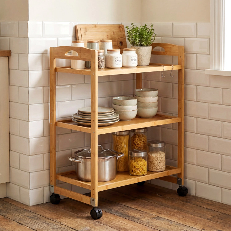 Hivvago 3-Tier Storage Rolling Cart Bamboo Utility Cart with 4 Universal Wheels