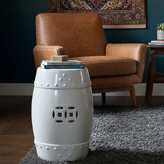 The Urban Port Garden Accent Stool, 17 Inch Round Drum Shape, White ...