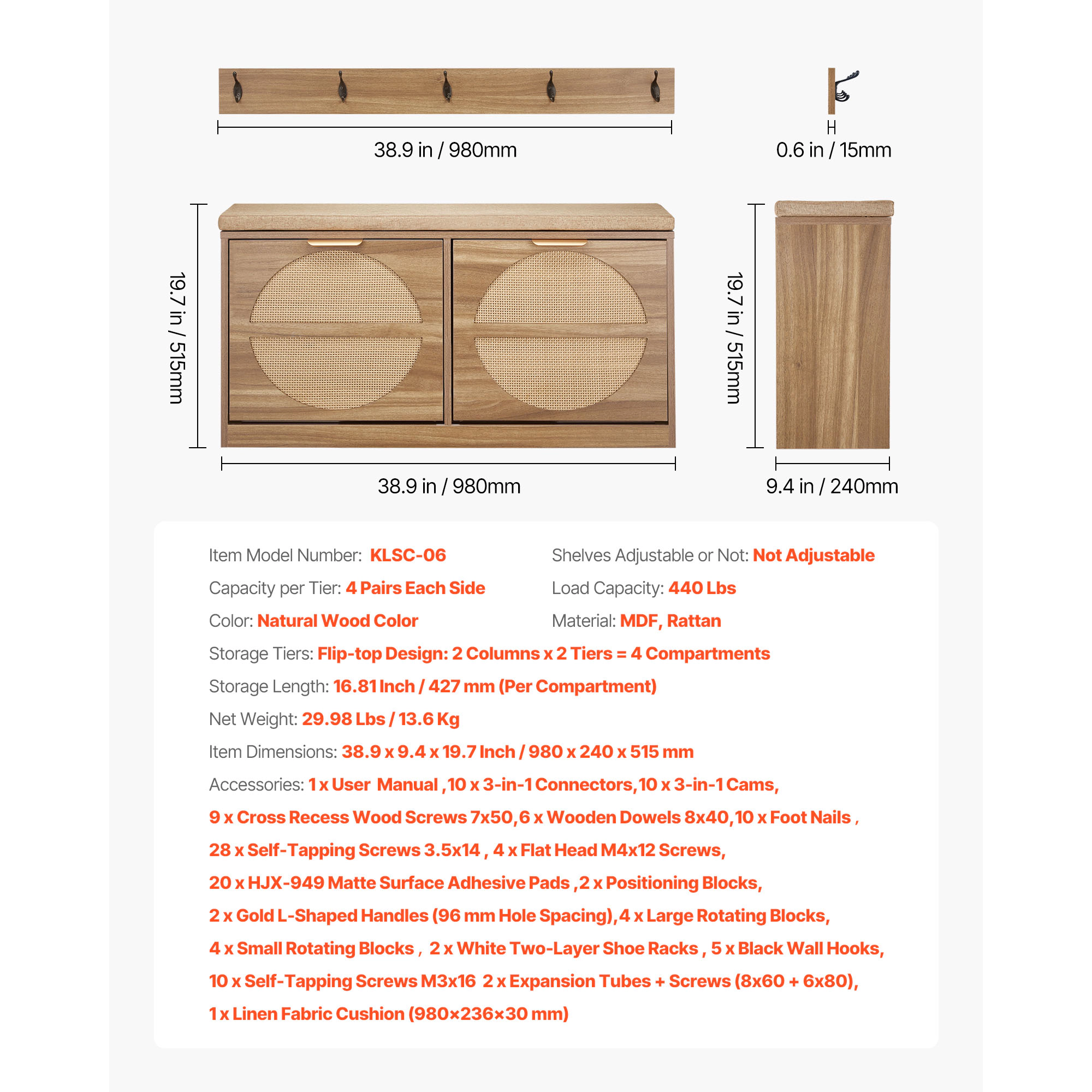 HONGGE Shoe Storage Bench for Hallway Entryway Bedroom