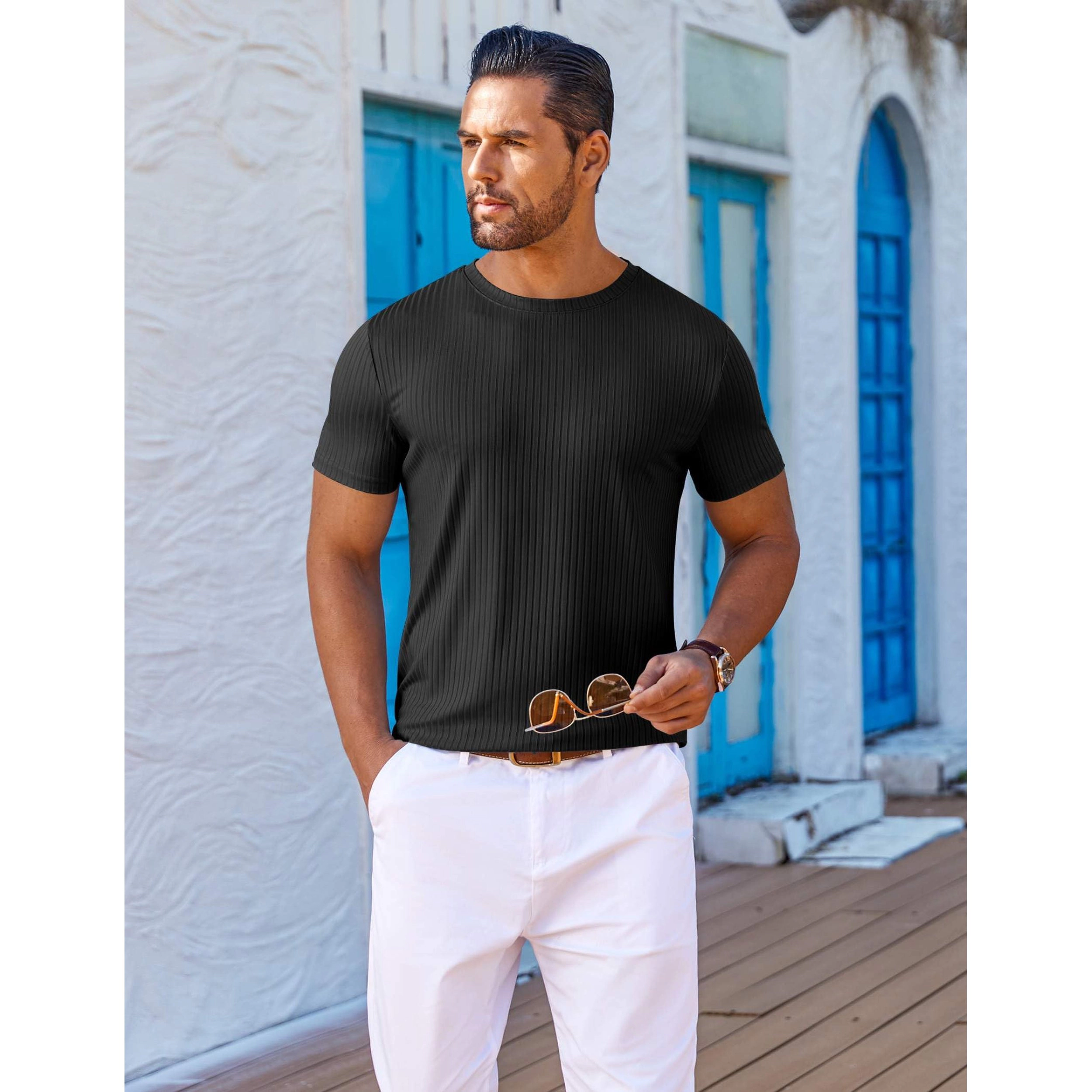 COOFANDY Men's Slim Fit Ribbed Crew Neck Short Sleeve T-Shirt