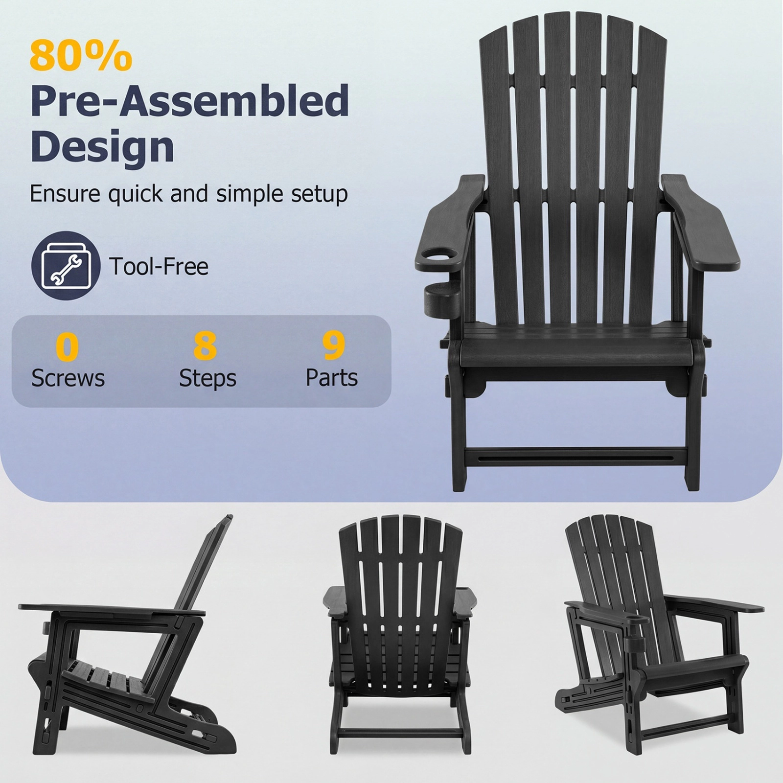 SUGIFT Black HDPE Adirondack Chair with Cup Holder, Tool-Free Assembly