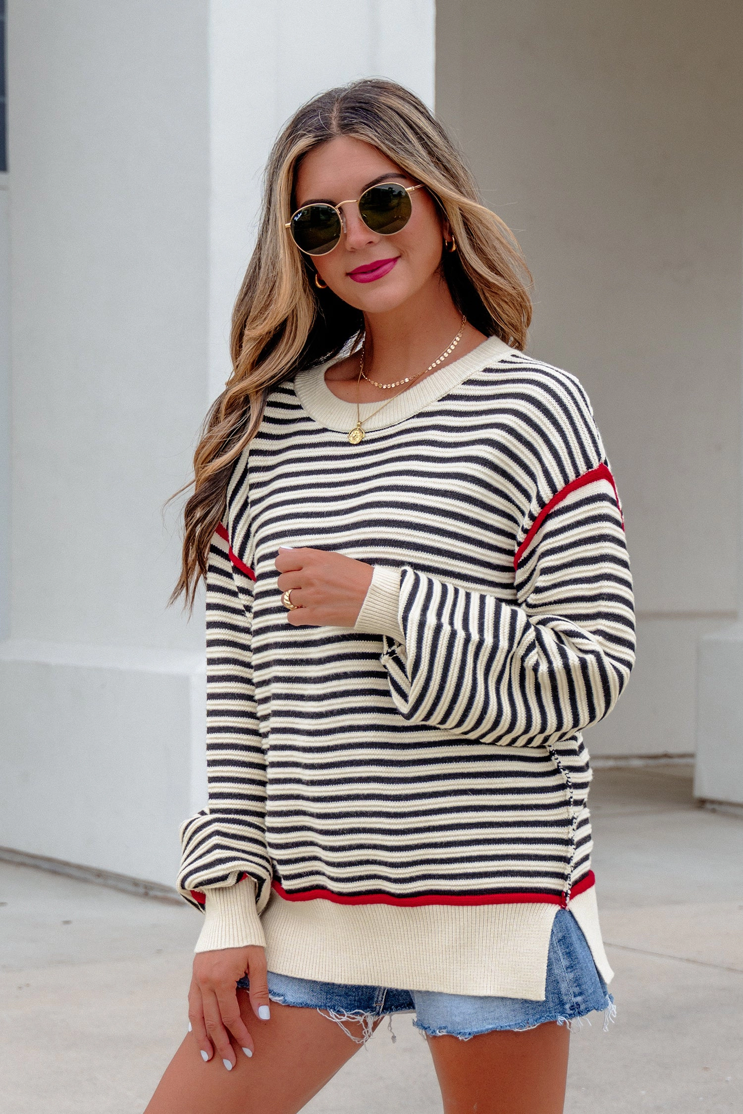 19092 Threaded Pear Hazel Drop Shoulder Oversized Sweater - Black Stripe