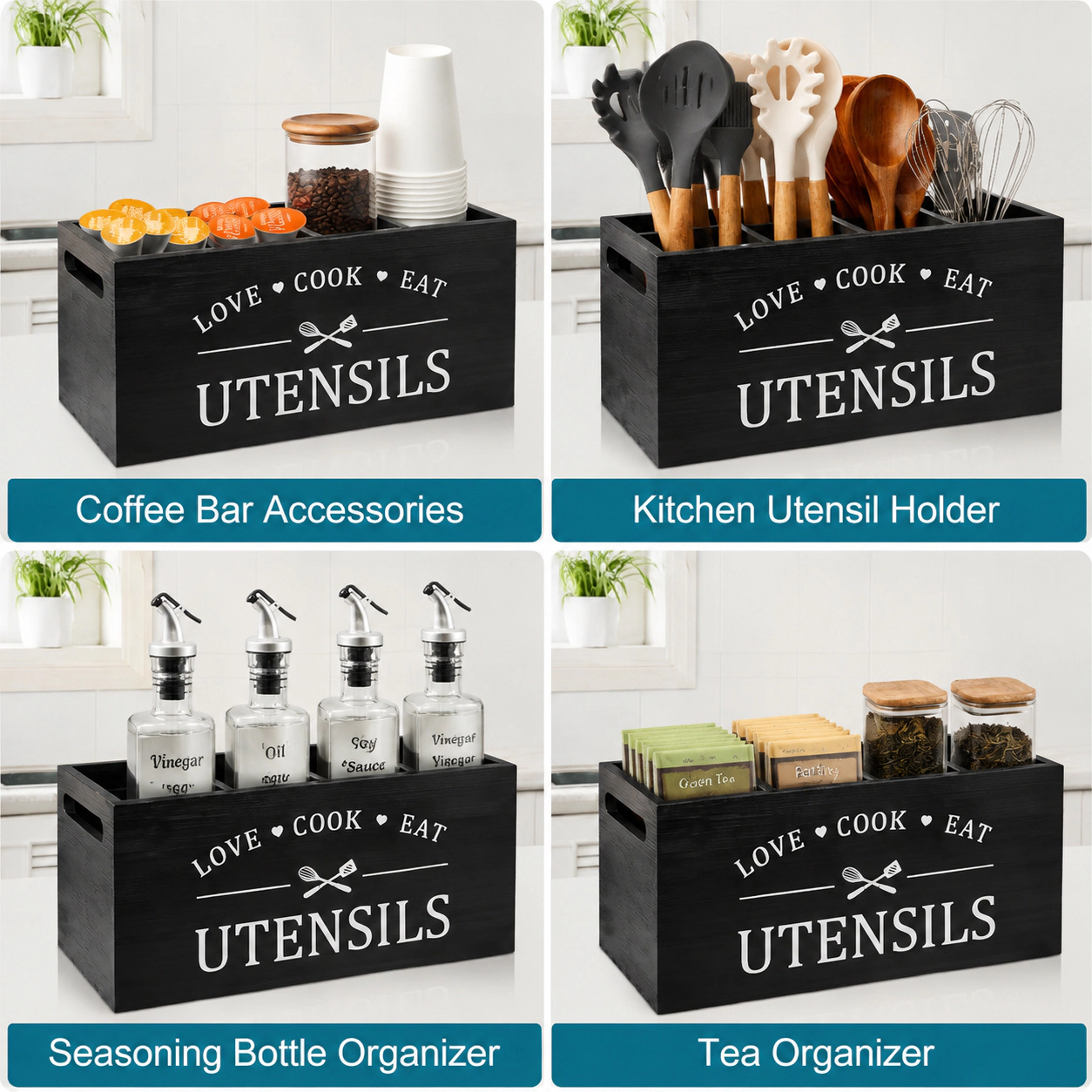 WZK Rustic Wood 4 Compartment Kitchen Utensil Holder