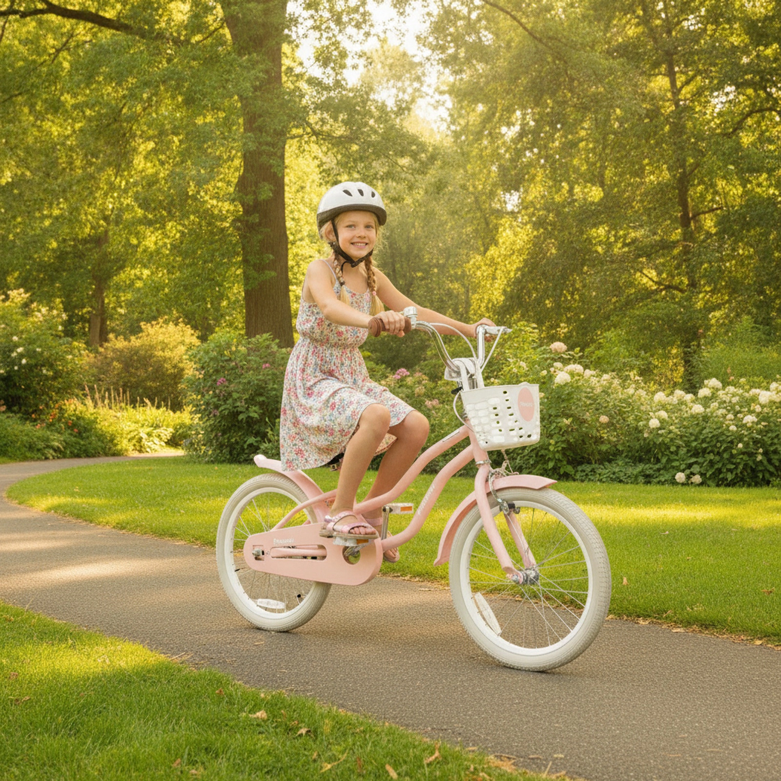 18-in Kids Bike Front Handbrake Rear Coaster Brake Removable Storage Basket Height Adjustable Handlebar Seat Pink