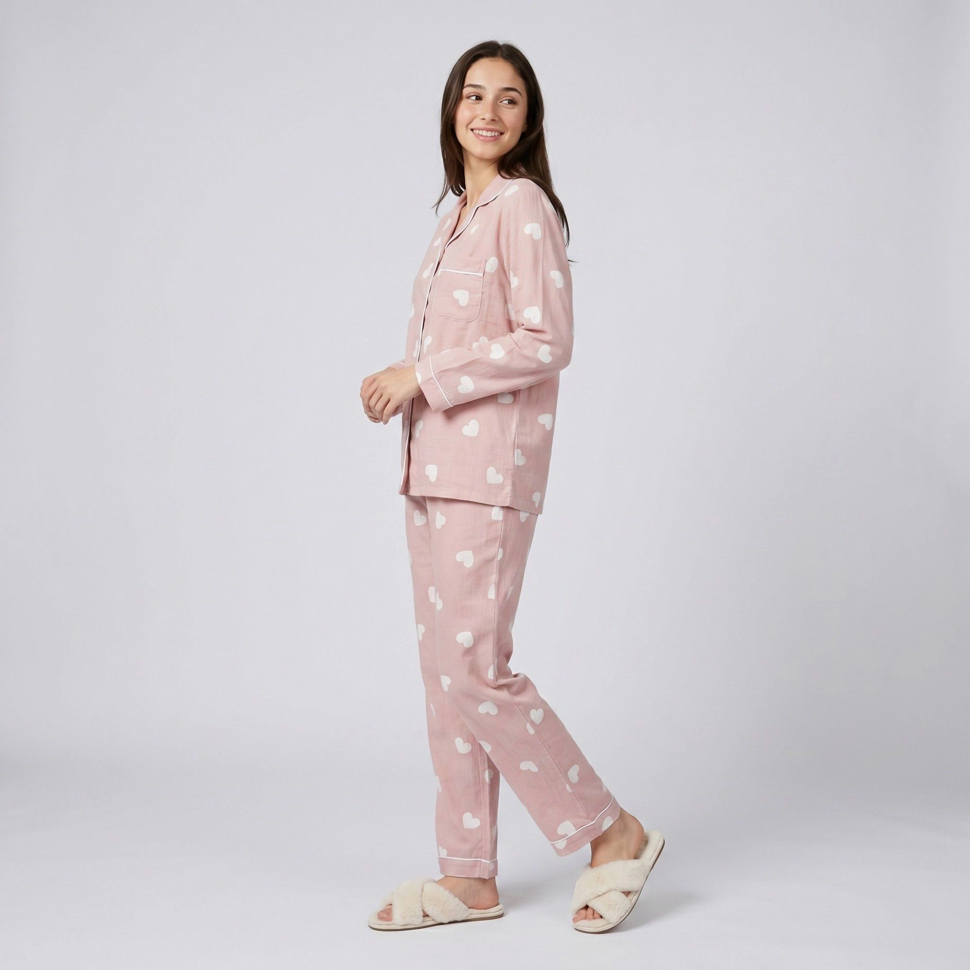Anna-Kaci Women's 2-Piece Heart Print Button Front Pajama Top and Straight Leg Lounge Pants