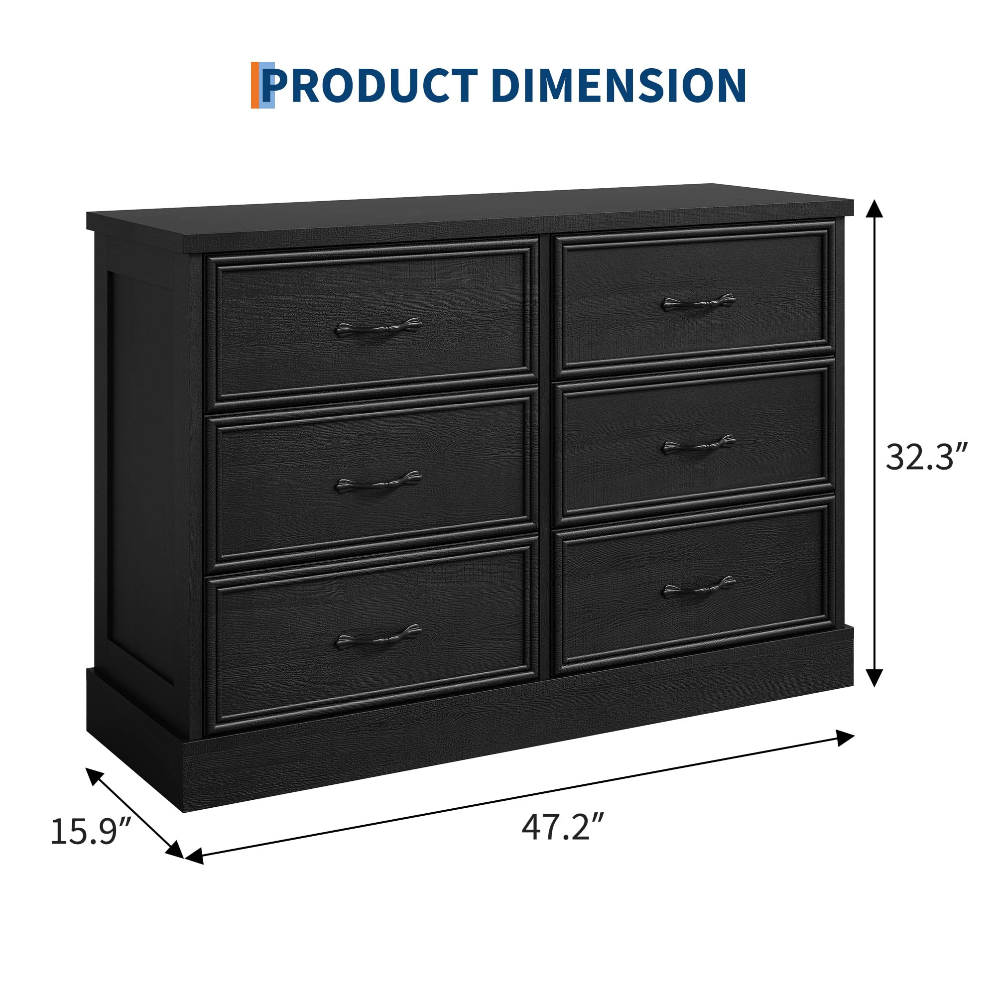6 Drawer Wooden Dresser, 47" Wide Chest with Large Storage Drawers for Bedroom or Living Room