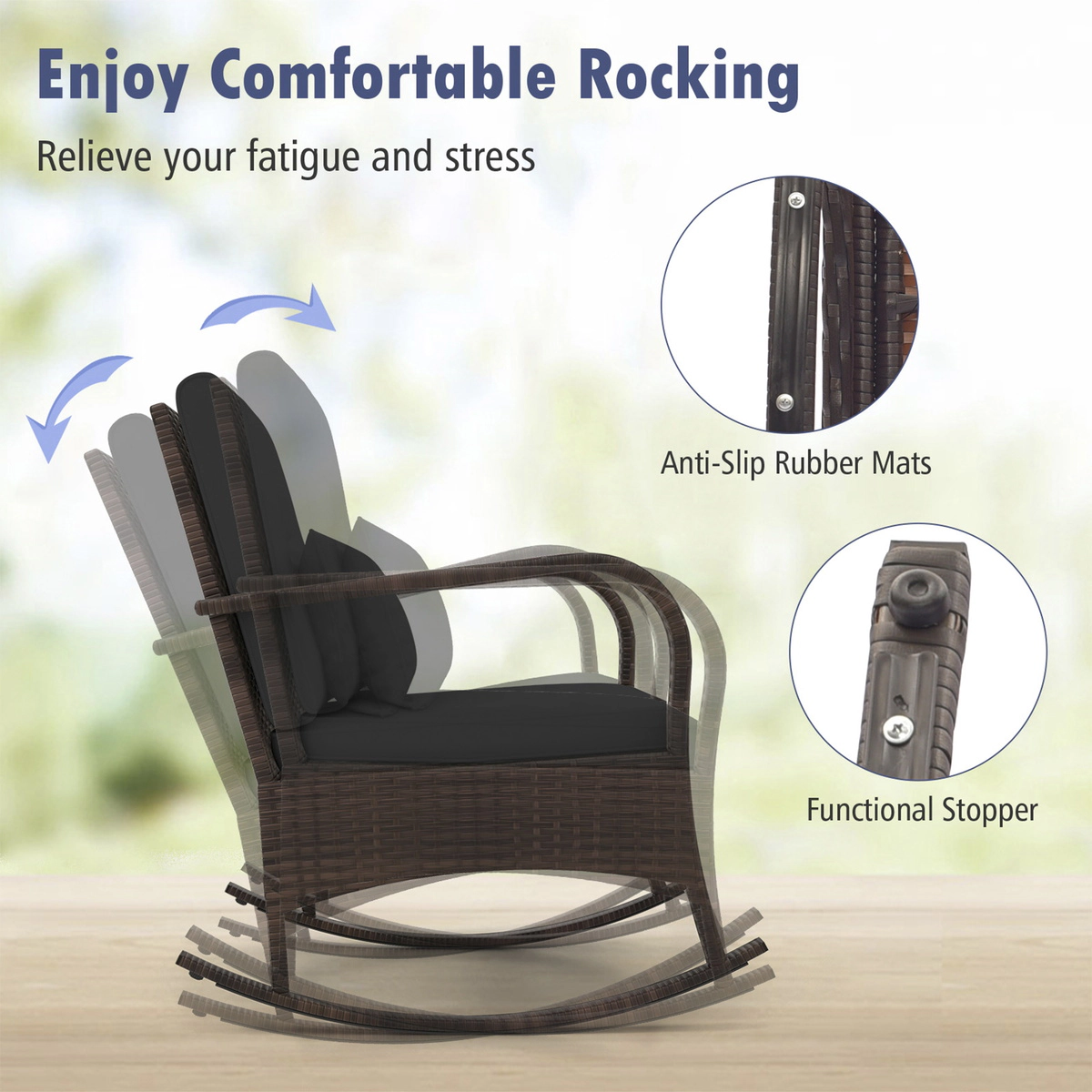 SUGIFT 3-Piece Brown Outdoor Rocking Bistro Set with 2 Wicker Chairs and Glass Coffee Table