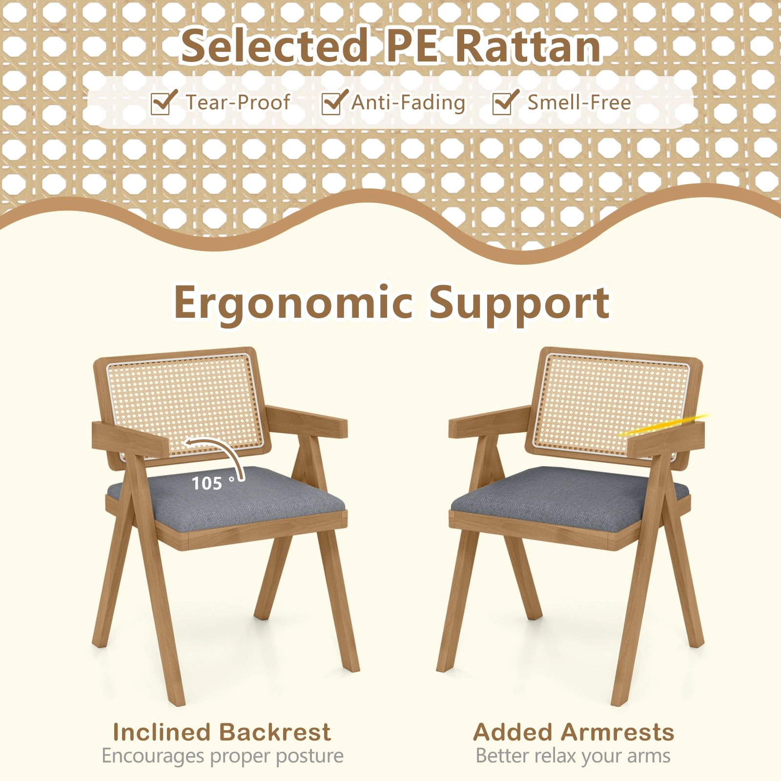 SlickBlue Set of 2 Natural Rattan Accent Chair with Padded Seat & Wood Frame
