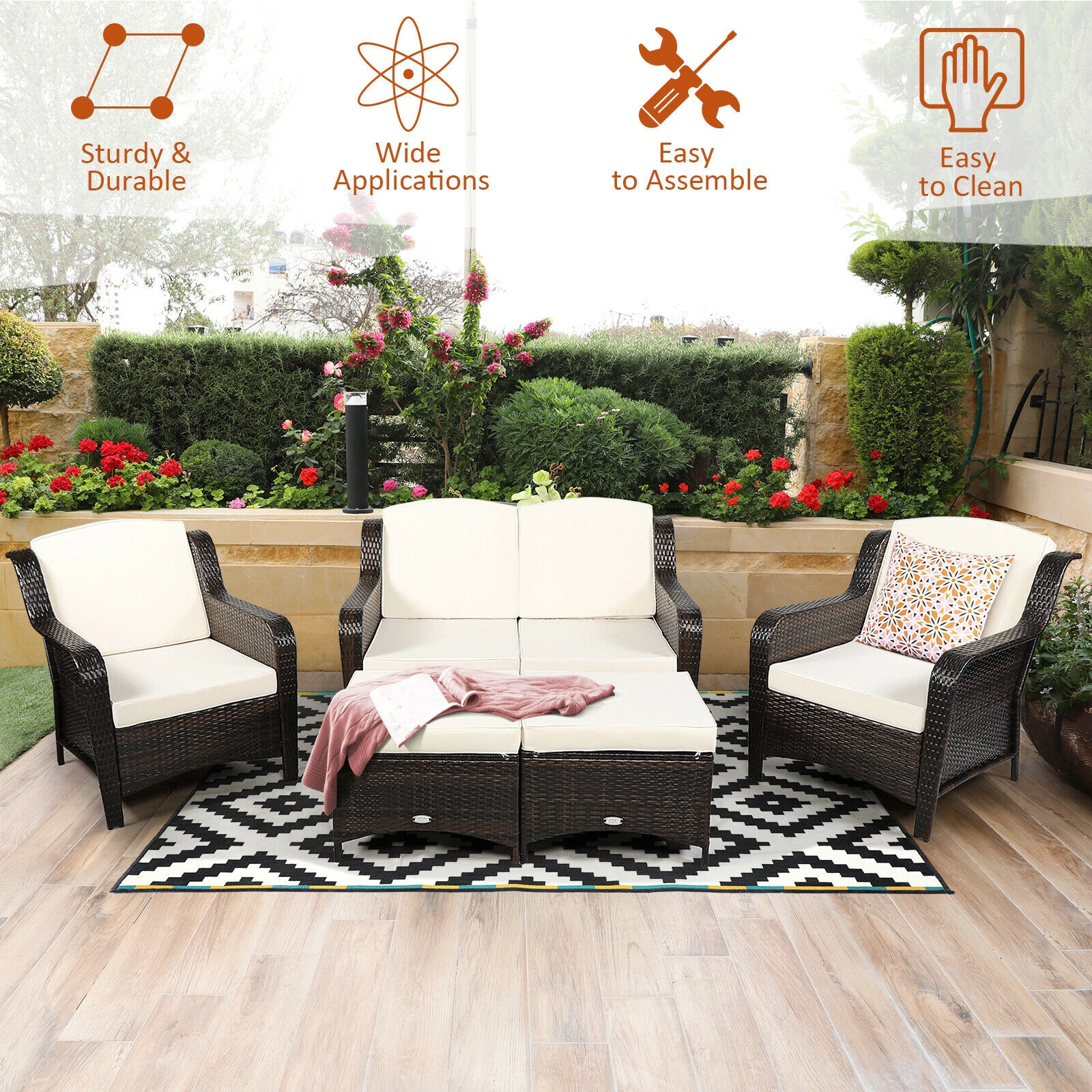 LJG 5 Pieces Patio Rattan Sofa Set with Cushion and Ottoman