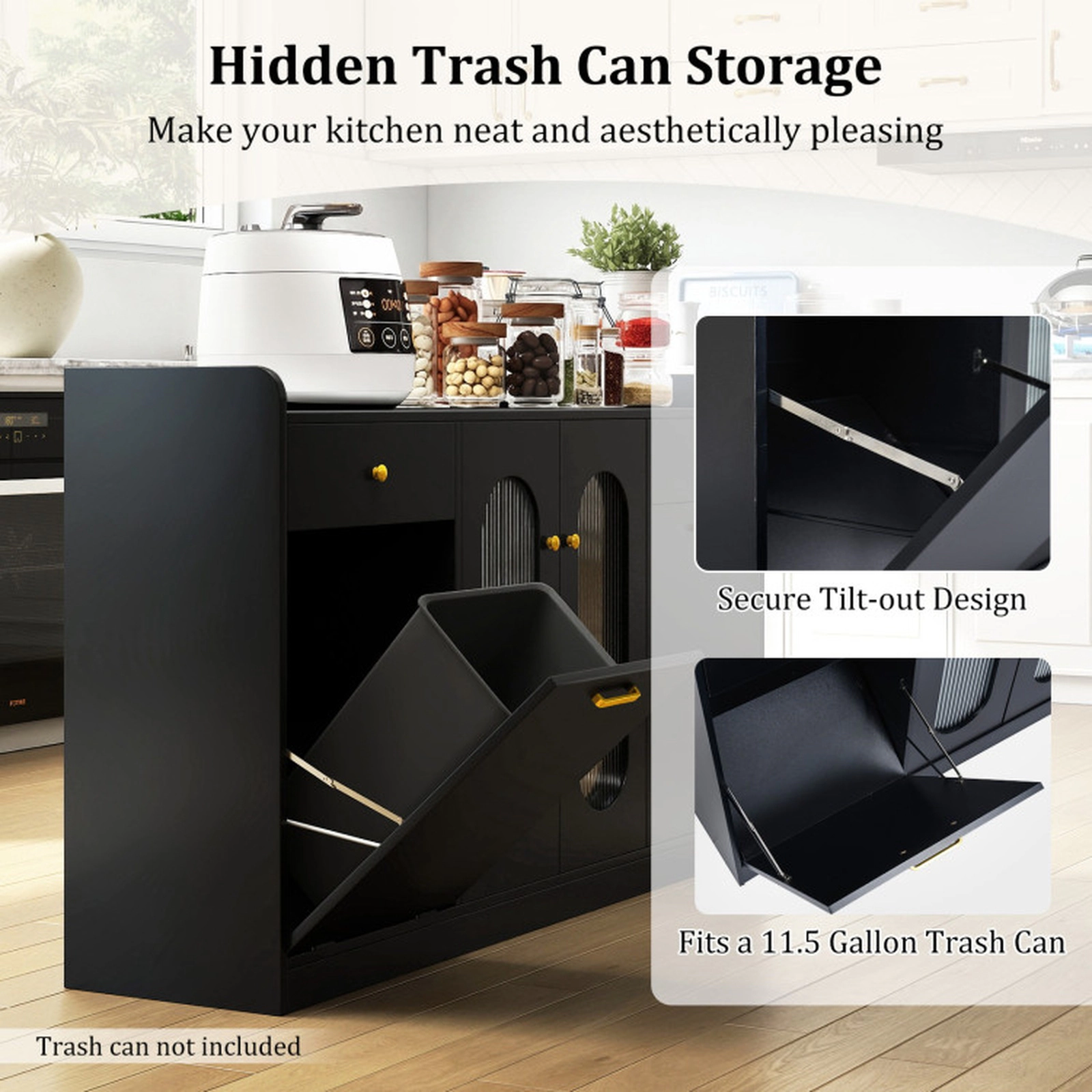 SUGIFT 55-in Tilt-Out Trash Cabinet 2 Fluted Glass Doors 2 Drawers Buffet Sideboard 31.5-in H 110-lb Capacity Black