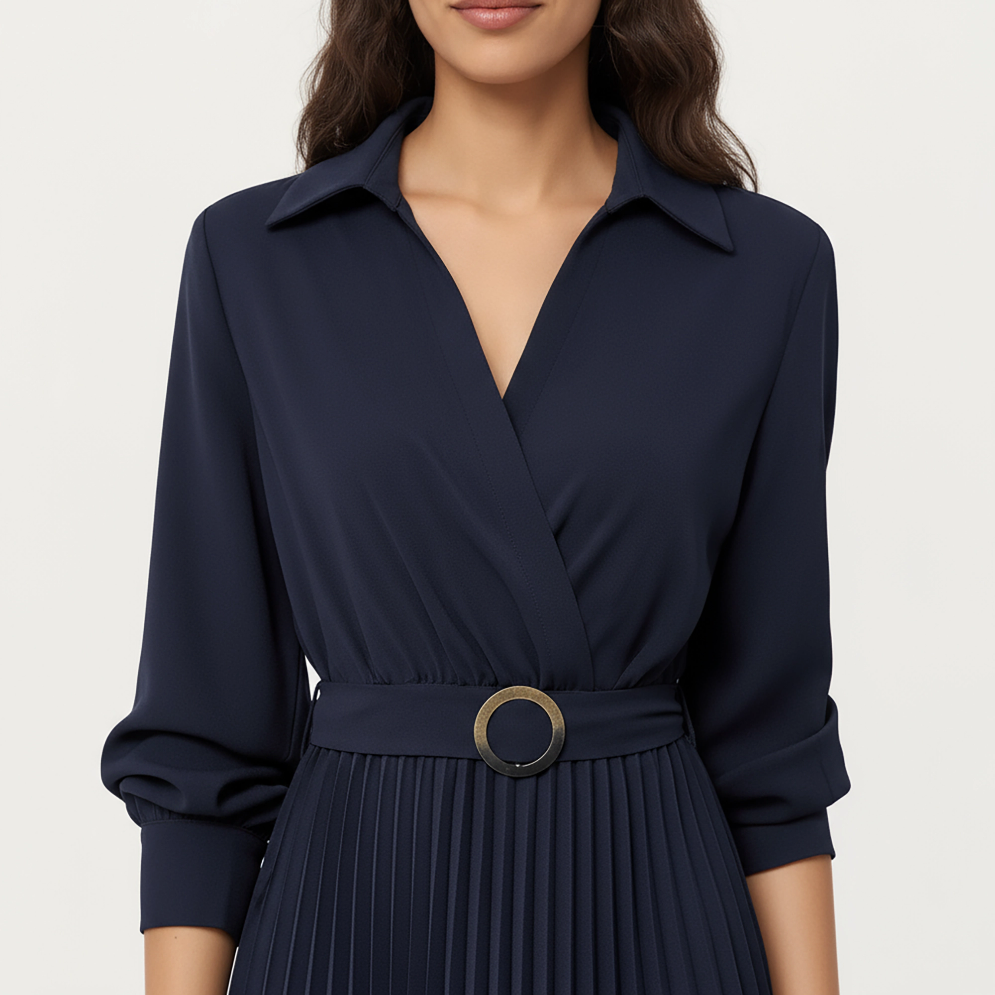 Anna-Kaci Women's Long Sleeve Pleated Skirt Structured Wrap Front Collar Detail Belted Waist Dress