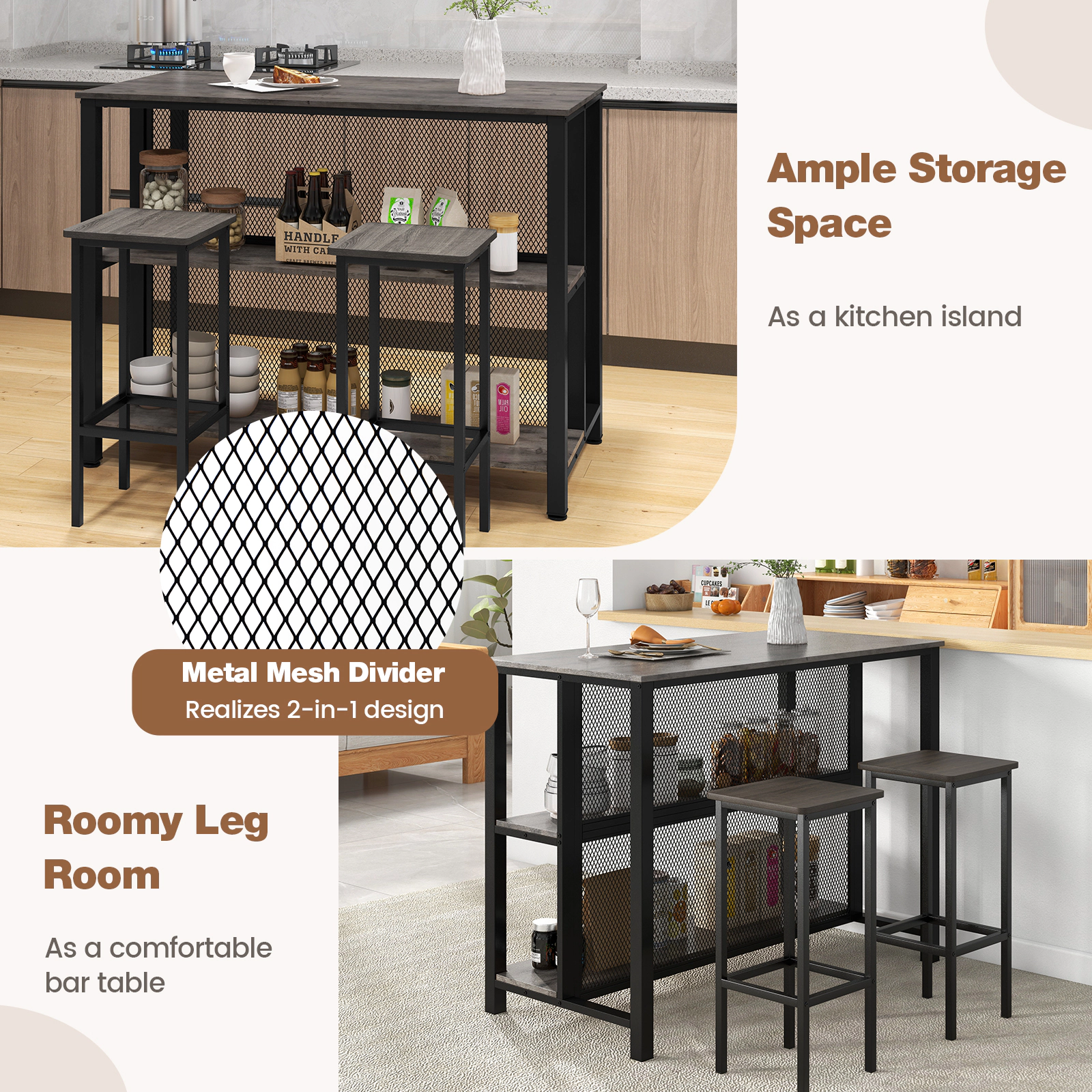 SUGIFT 3-Tier Bar Table with Open Storage Metal Frame 150-lb Tabletop Capacity 66-lb Shelf Capacity Gray