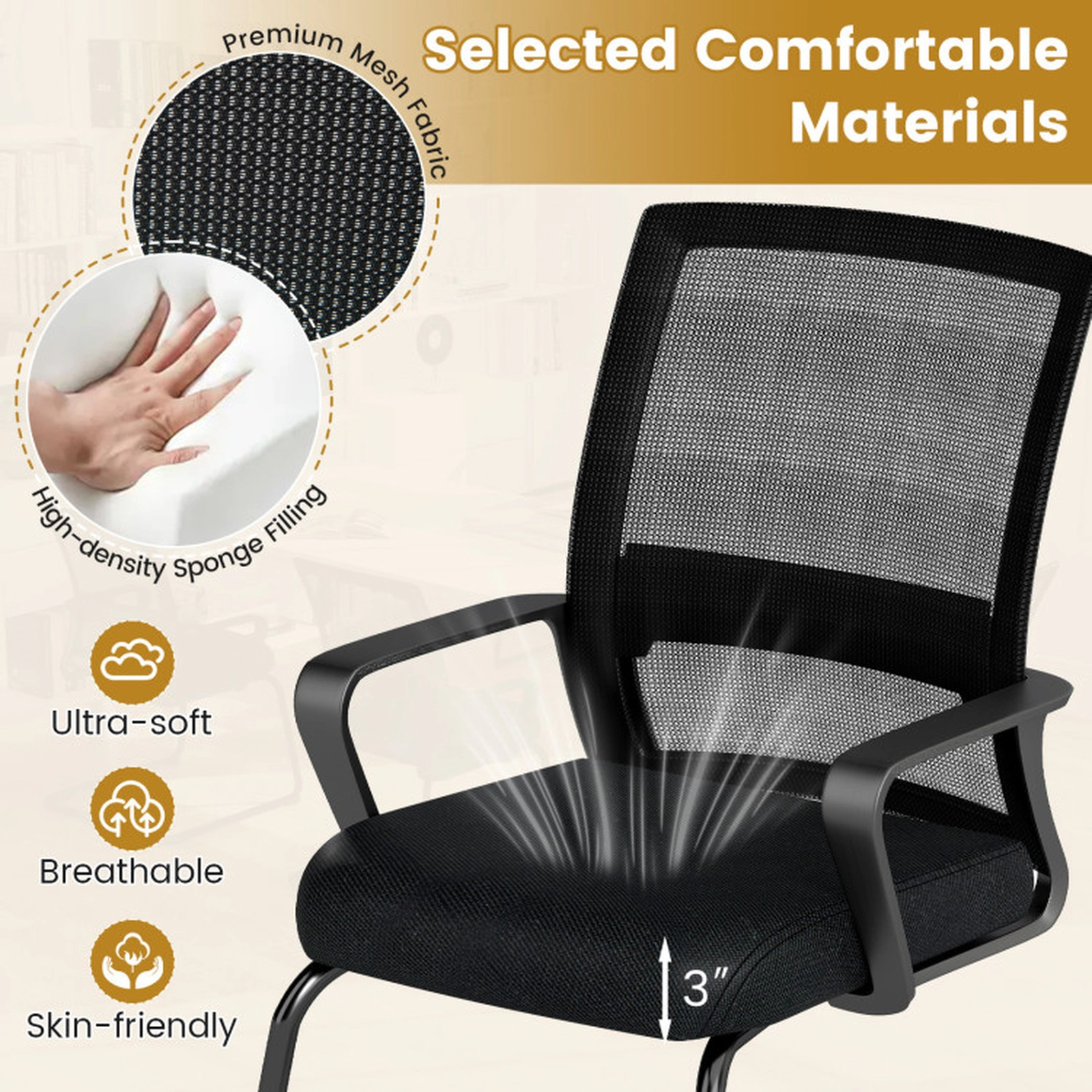 SUGIFT Set of 2 Mesh Back Lumbar Support Sled Base Office Guest Chairs 24.5-in x 23.5-in x 37-in 220-lb Capacity Black