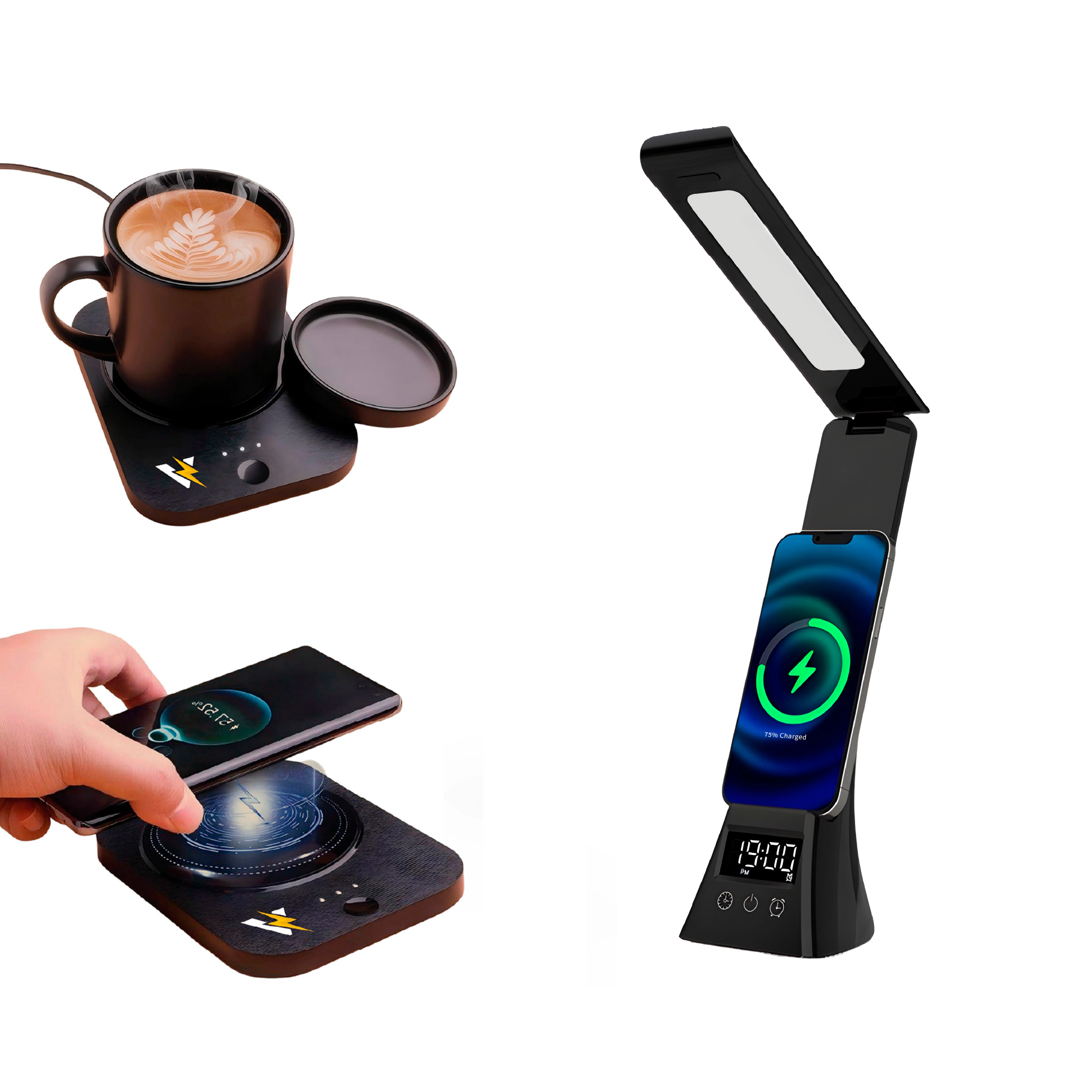 Pursonic Unisex Modern Workspace Productivity Bundle: 3-in-1 LED Desk Lamp + Sip & Charge Wireless Mug Warmer
