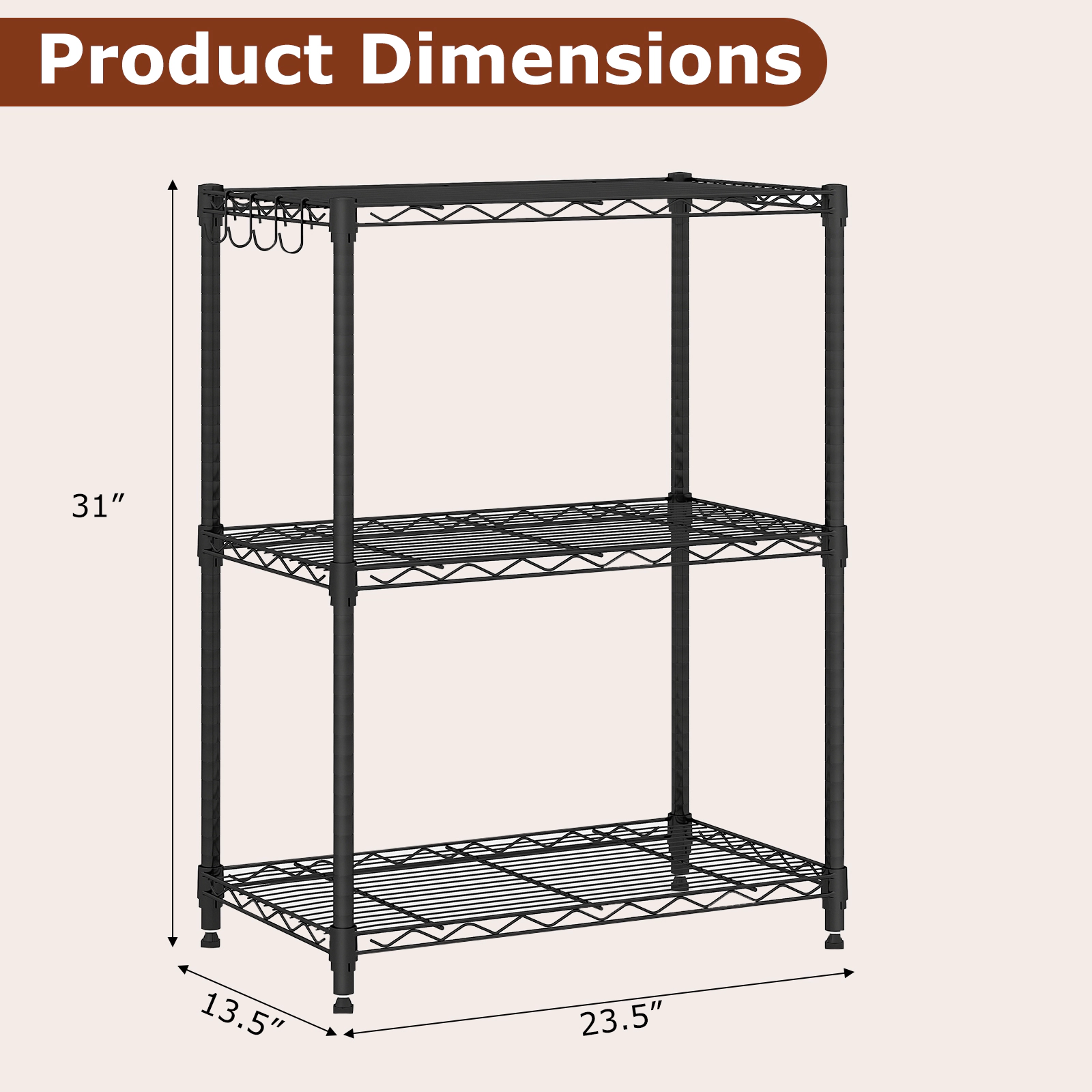SUGIFT 3-Tier 450-lb Capacity Metal Storage Shelving Unit with V-Shaped Wire Rack and 4 Removable Hooks