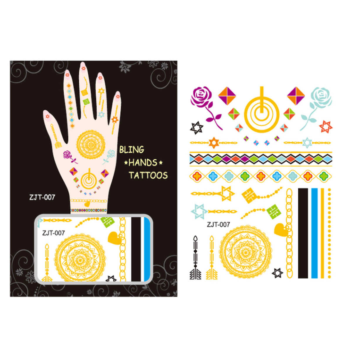 Wrapables Trendy Temporary Metallic Hand Tattoos, Floral and Mandala