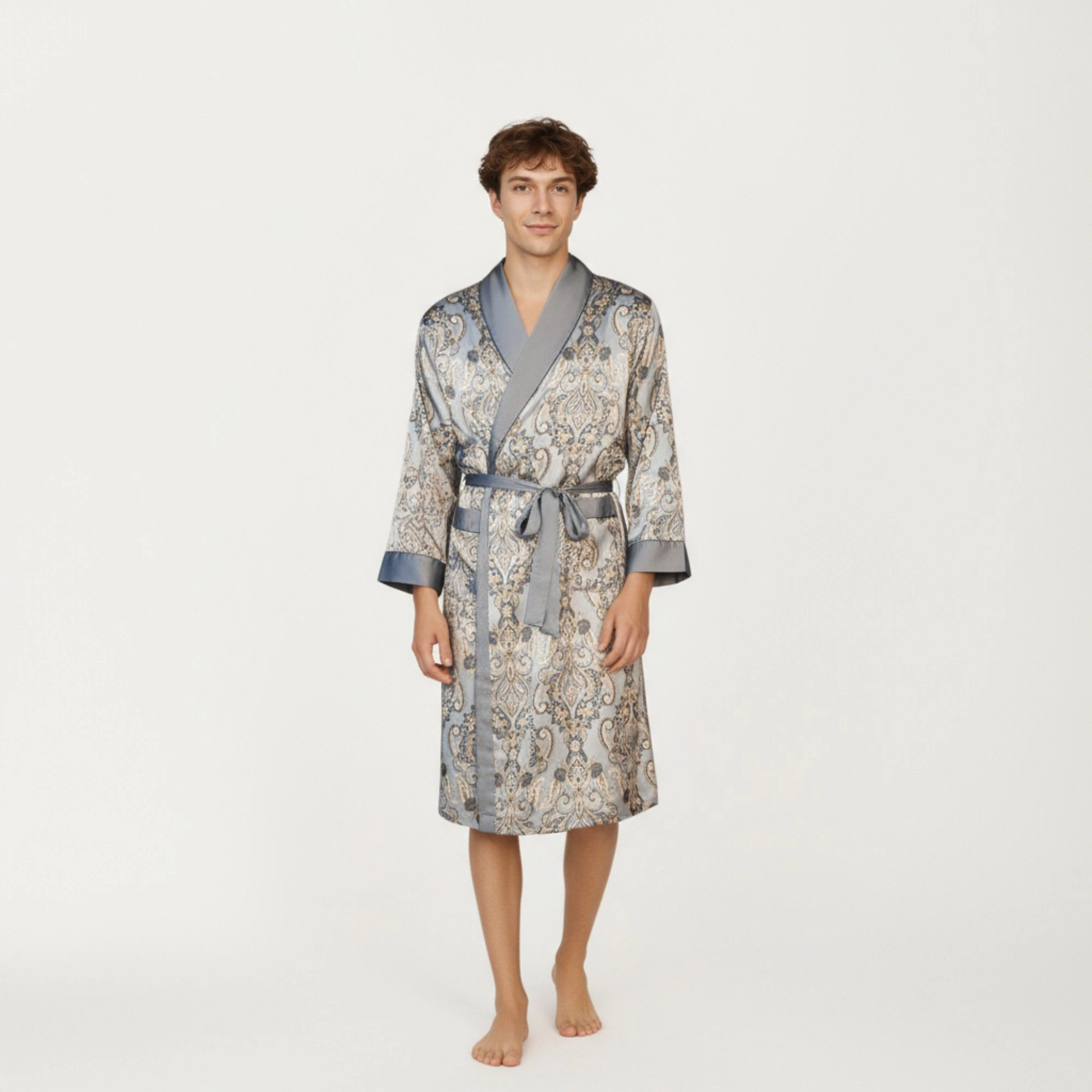 Anna-Kaci Men's Paisley Print Satin Robe with Contrast Trim Shawl Collar and Waist Tie
