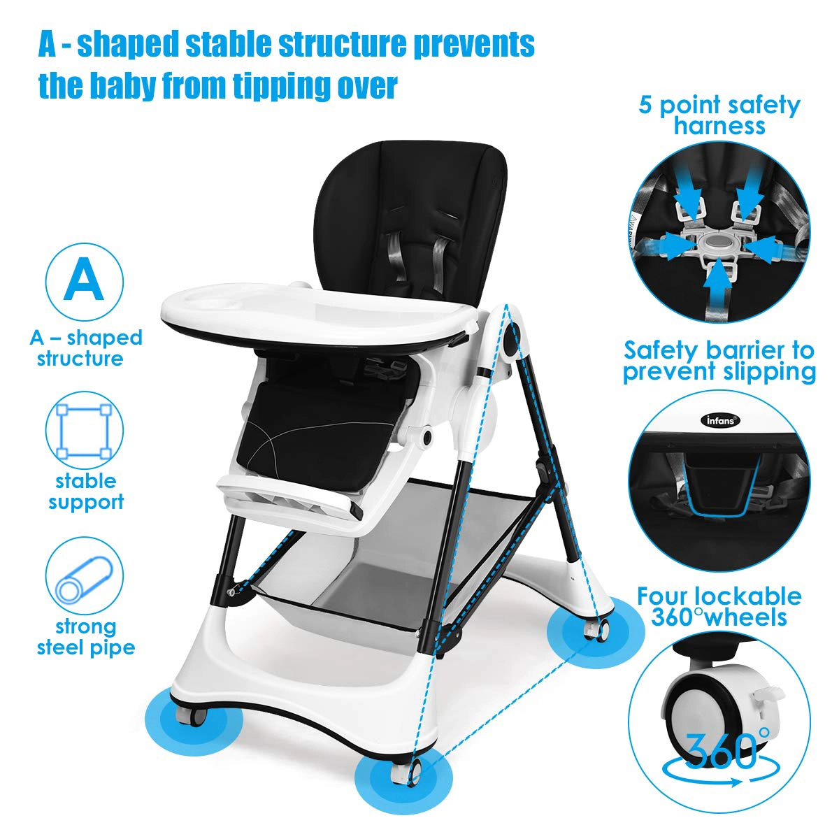 SUGIFT Foldable A-Shaped High Chair with 4 Lockable Wheels 50-lb Capacity Ages 0-36 Months 20.5-in Tray Black