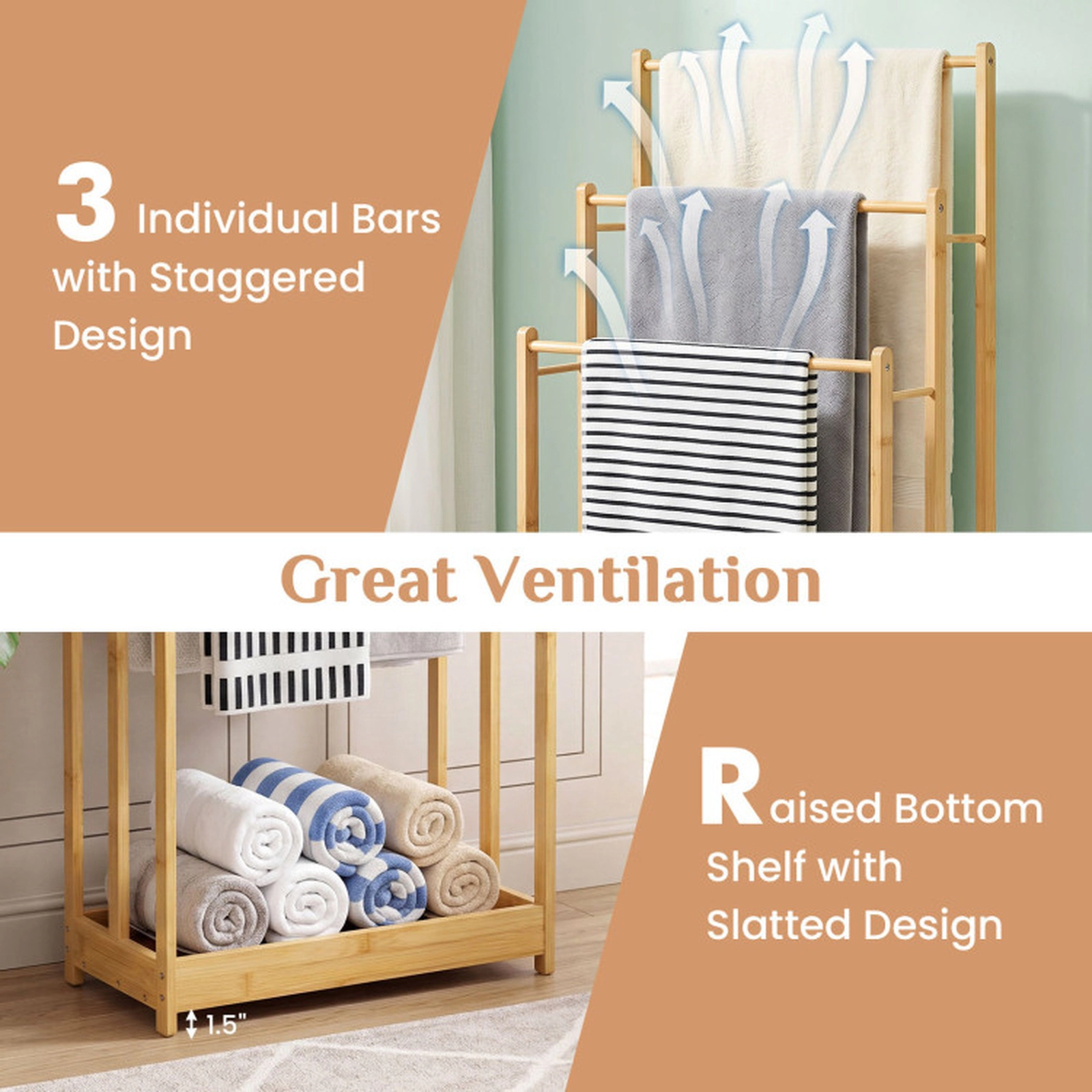 SUGIFT 3-Tier Freestanding Bamboo Side Bars Bathroom Towel Rack 18-in x 9-in x 34-in 5.5-lb per Bar 4-lb Natural