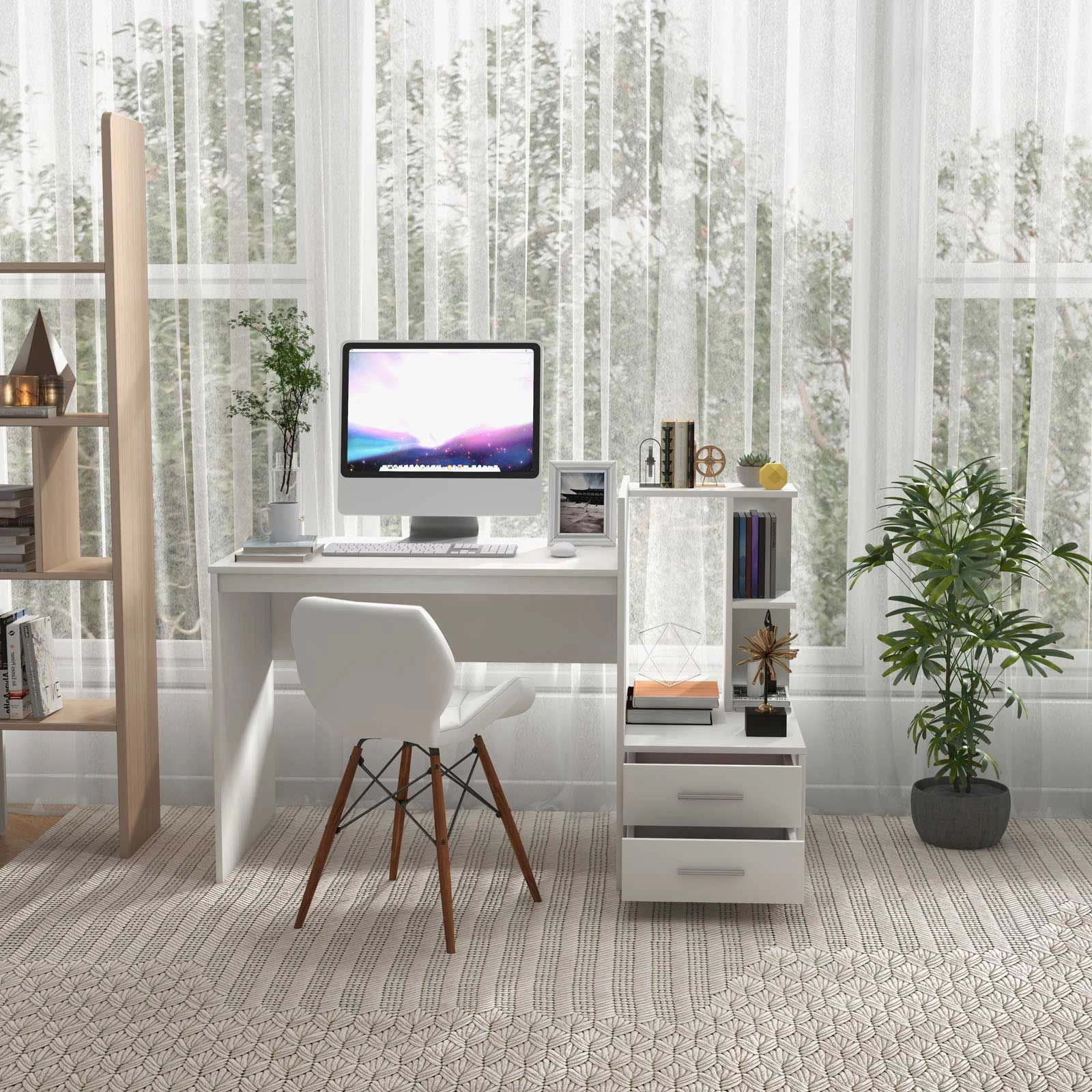 SlickBlue 51" Home Office Desk with Drawers and Corner Bookshelf