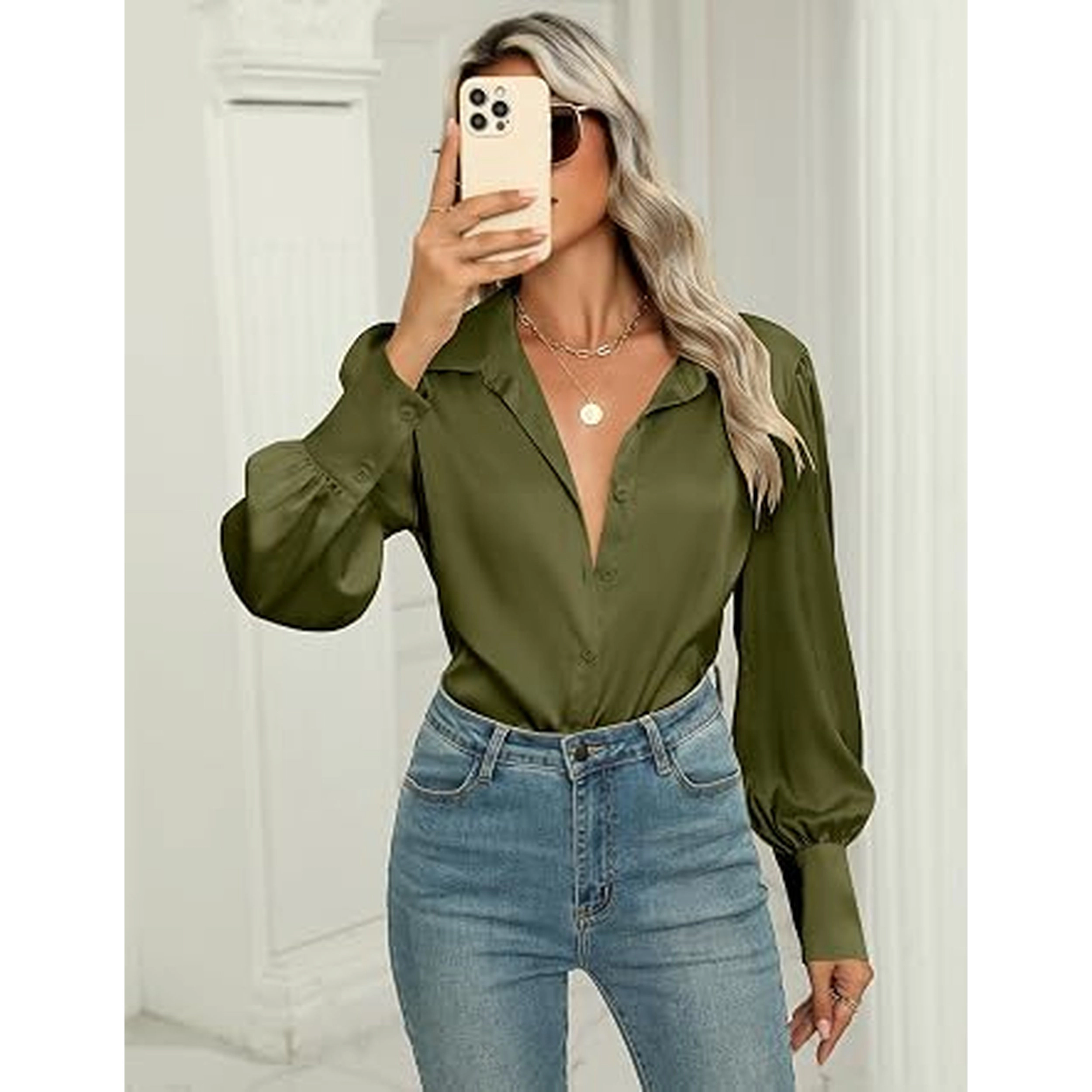 Zeagoo Silk Button Down Blouse for Women Lantern Sleeve Shirt Dressy Casual Work Tunic Top