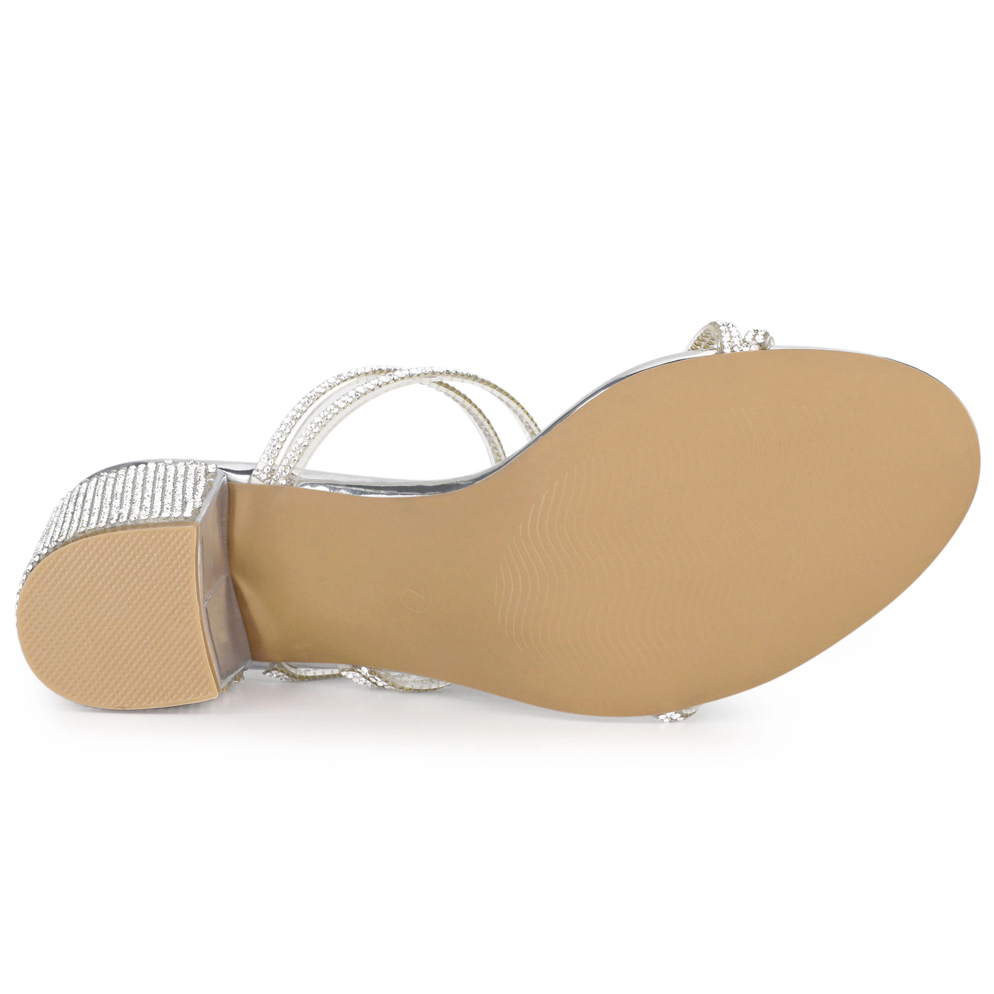BLISSFUL STEP Women's Open Toe Strappy Rhinestone Block Heel Slide Sandals