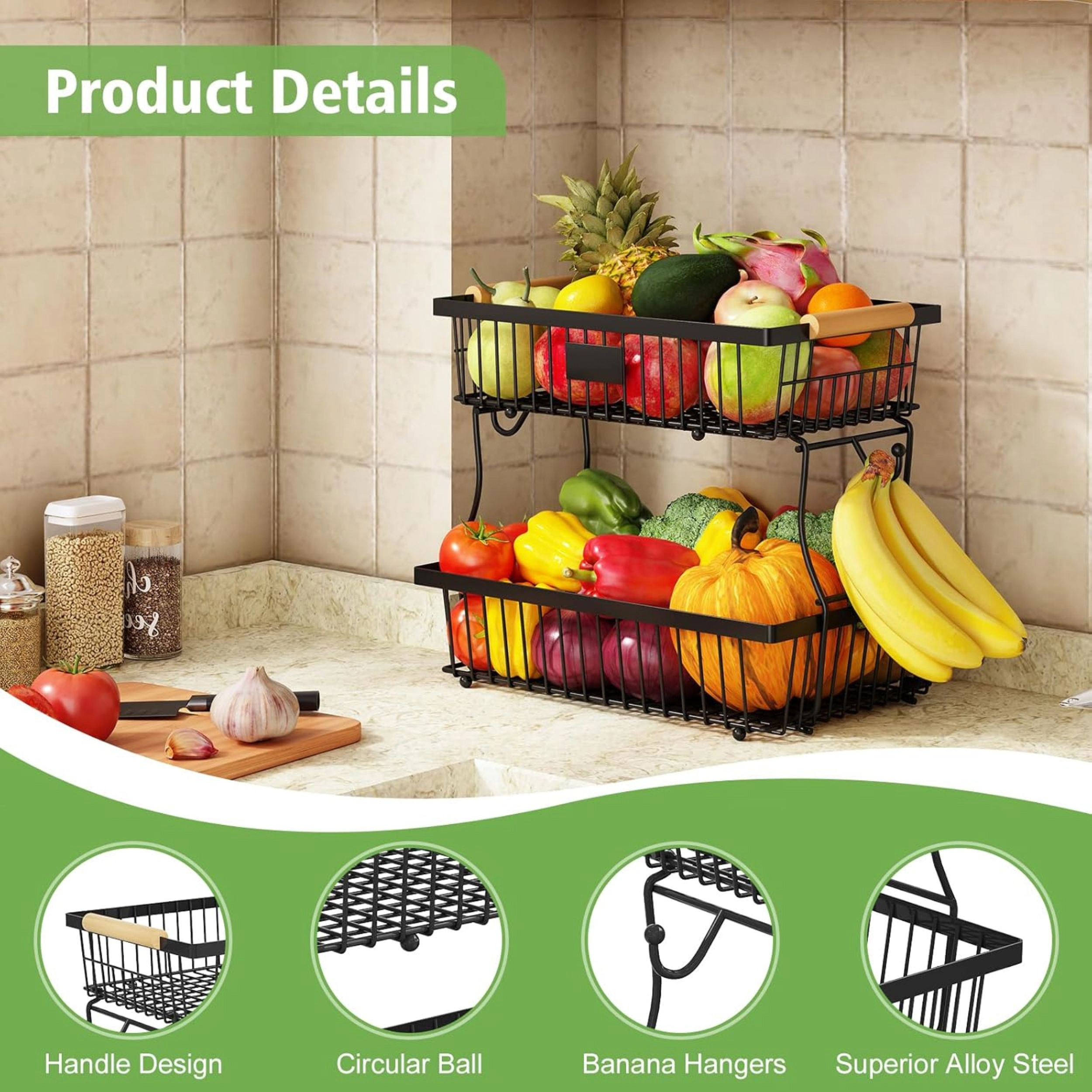 Stock Preferred 2 Tier Metal Fruit Basket with Banana Hangers and Wooden Handle