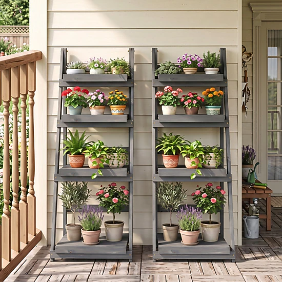 SUGIFT 4-Tier Gray Foldable Fir Wood Plant Stand, Ladder-Style Shelves ...