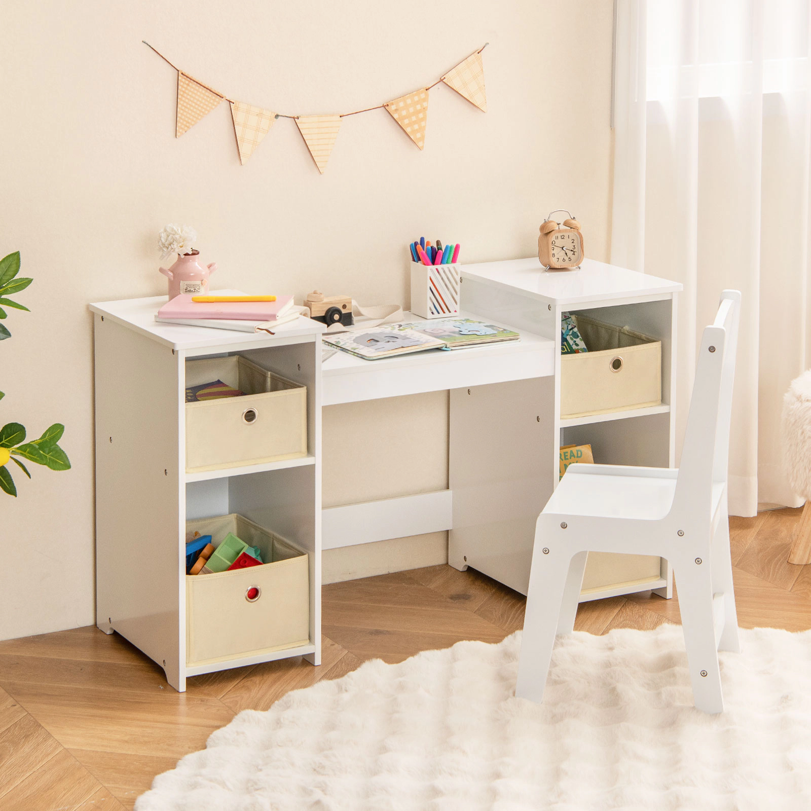 SUGIFT White 3 Removable Mirrors and 4 Storage Bins Kids Vanity Table and Chair Set