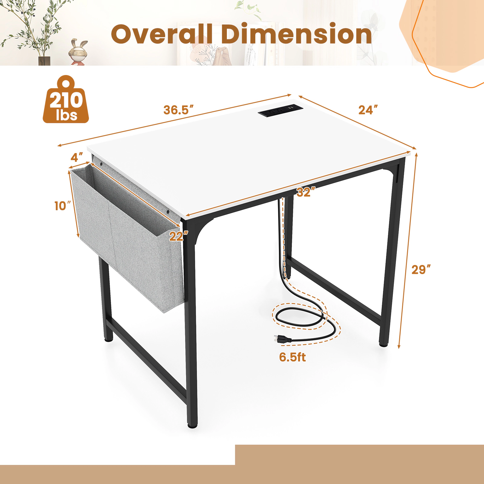 SUGIFT Small Home Office Computer Desk with Charging Station 210-lb Desktop Capacity White + Black