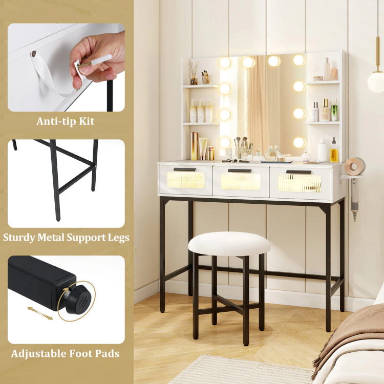 Hivvago Bedroom Makeup Vanity Desk With Hollywood Mirror And Lights-White