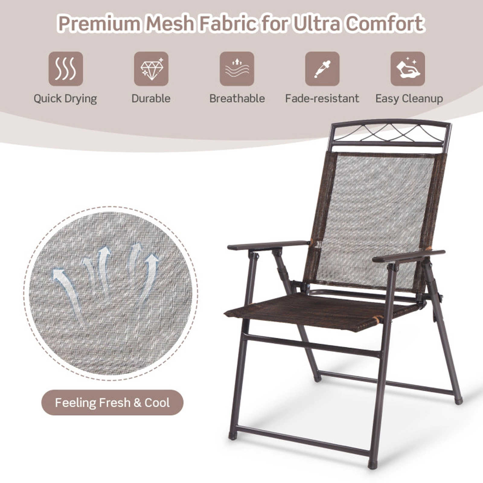 SUGIFT Set of 4 Folding Textilene Steel Frame Patio Sling Chairs 22.4-in x 26.8-in x 36.6-in 250-lb Capacity Coffee