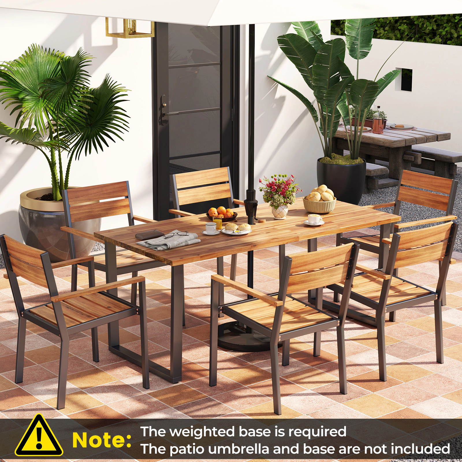 SUGIFT 7-Piece Brown Acacia Wood Patio Dining Set, 63-Inch Table, 6 Chairs