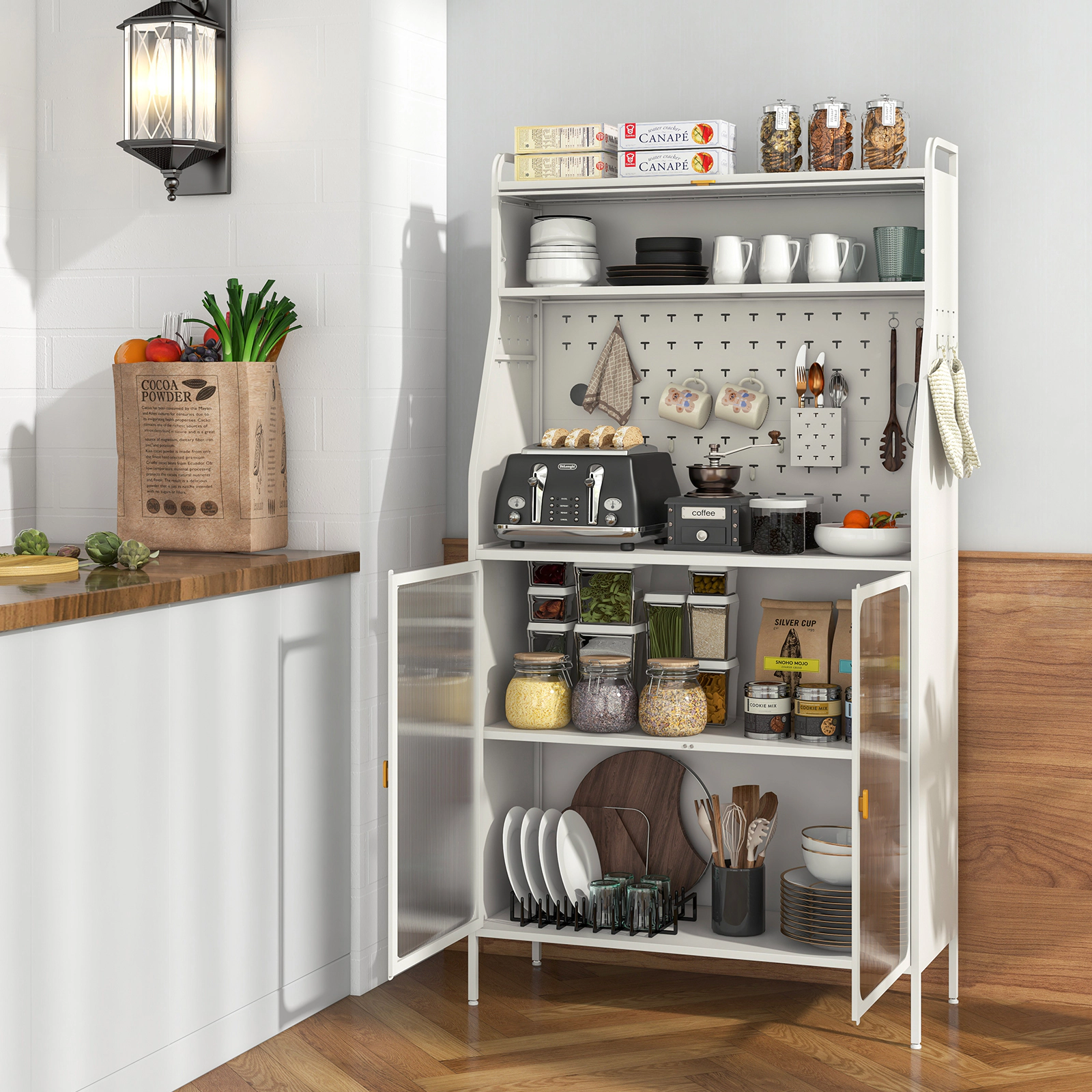 Glintex 63.5-Inch Metal Bakers Rack with Pegboard and Flip-Up Door, White & Gold
