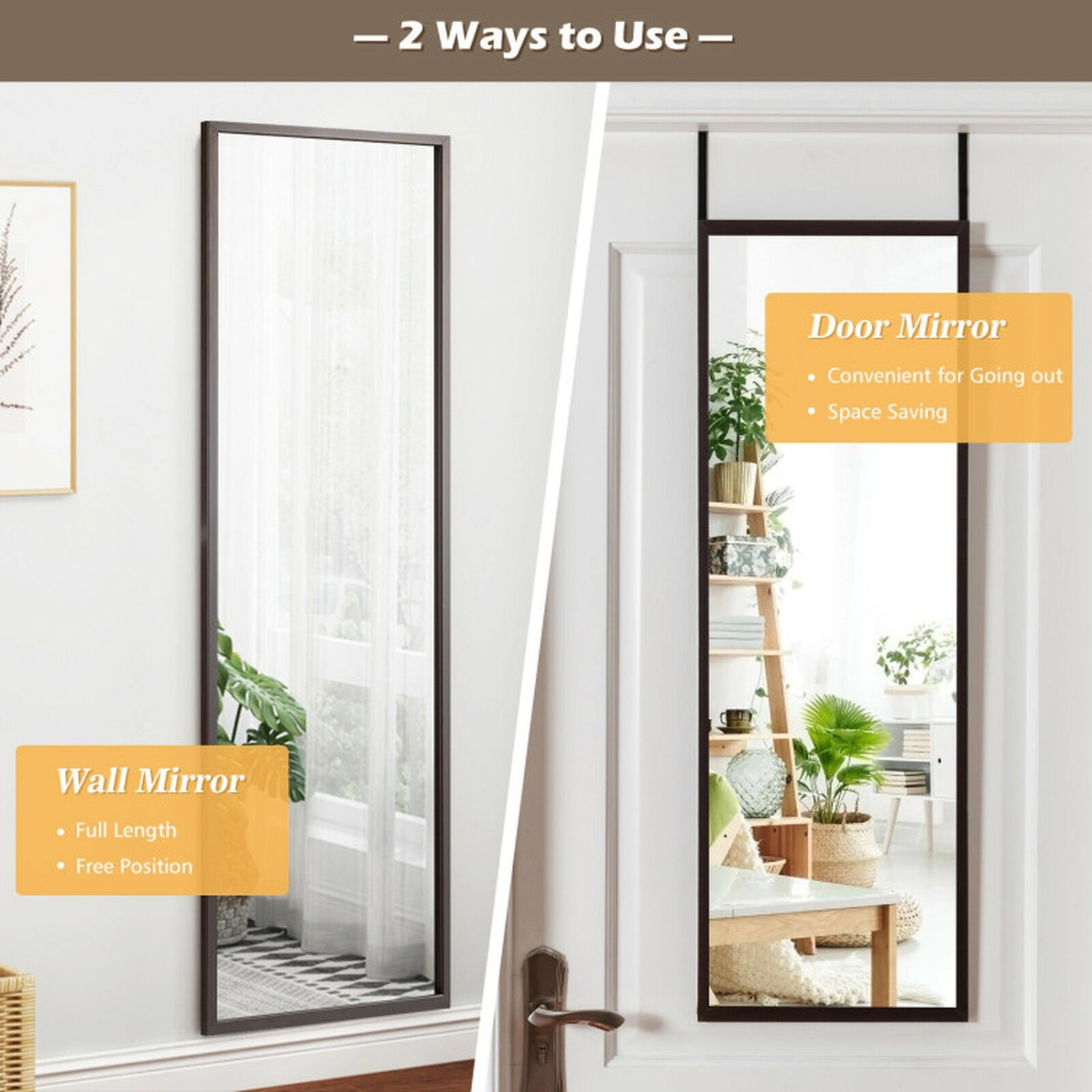 SUGIFT Full Length Over-the-Door Wall Mirror Adjustable Iron Hooks Shatter-Proof Glass 42.5-in Tall 7-lb White