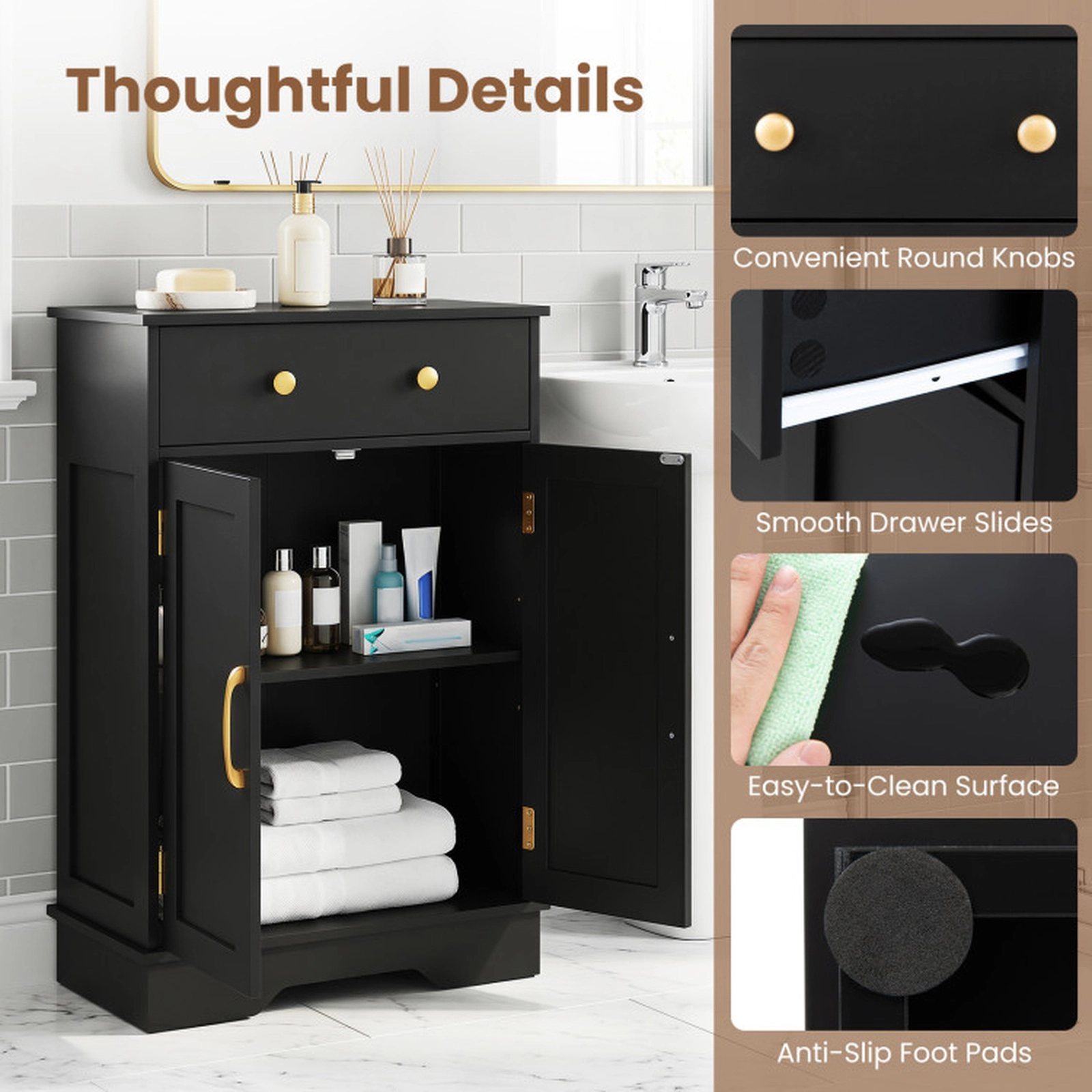 SUGIFT 2-Door Gold Handles Drawer Floor Storage Sideboard Cabinet 22-in x 12-in x 31.5-in 44-lb Capacity Black