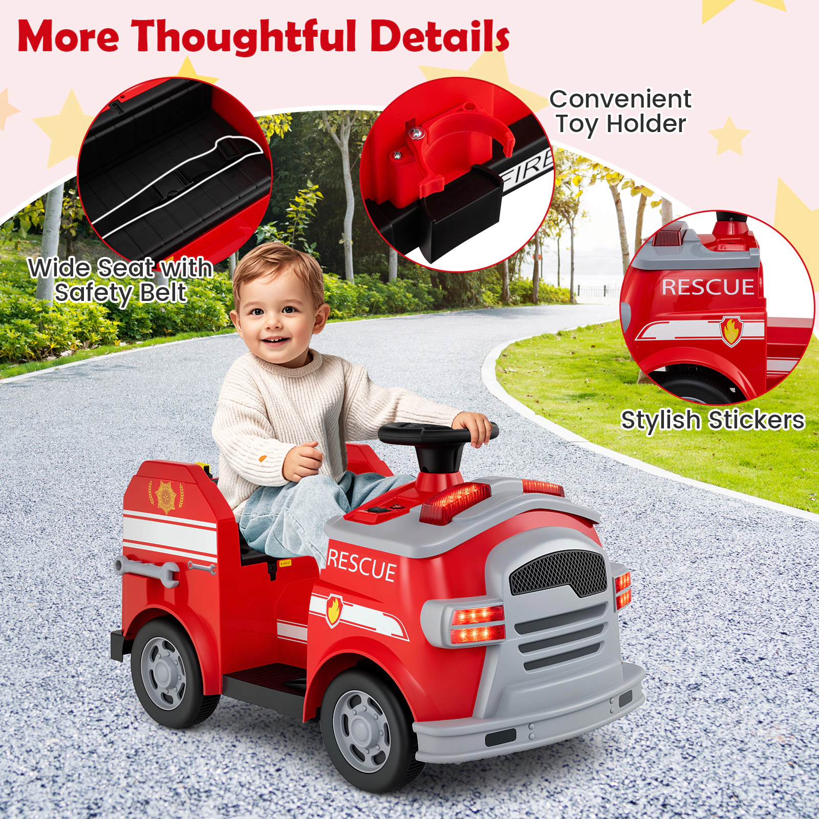 SUGIFT 12V Ride-On Fire Truck Toy Car with Shovel Wrench Ladder and Safety Hat 55-lb Capacity Ages 37-95 Months Red