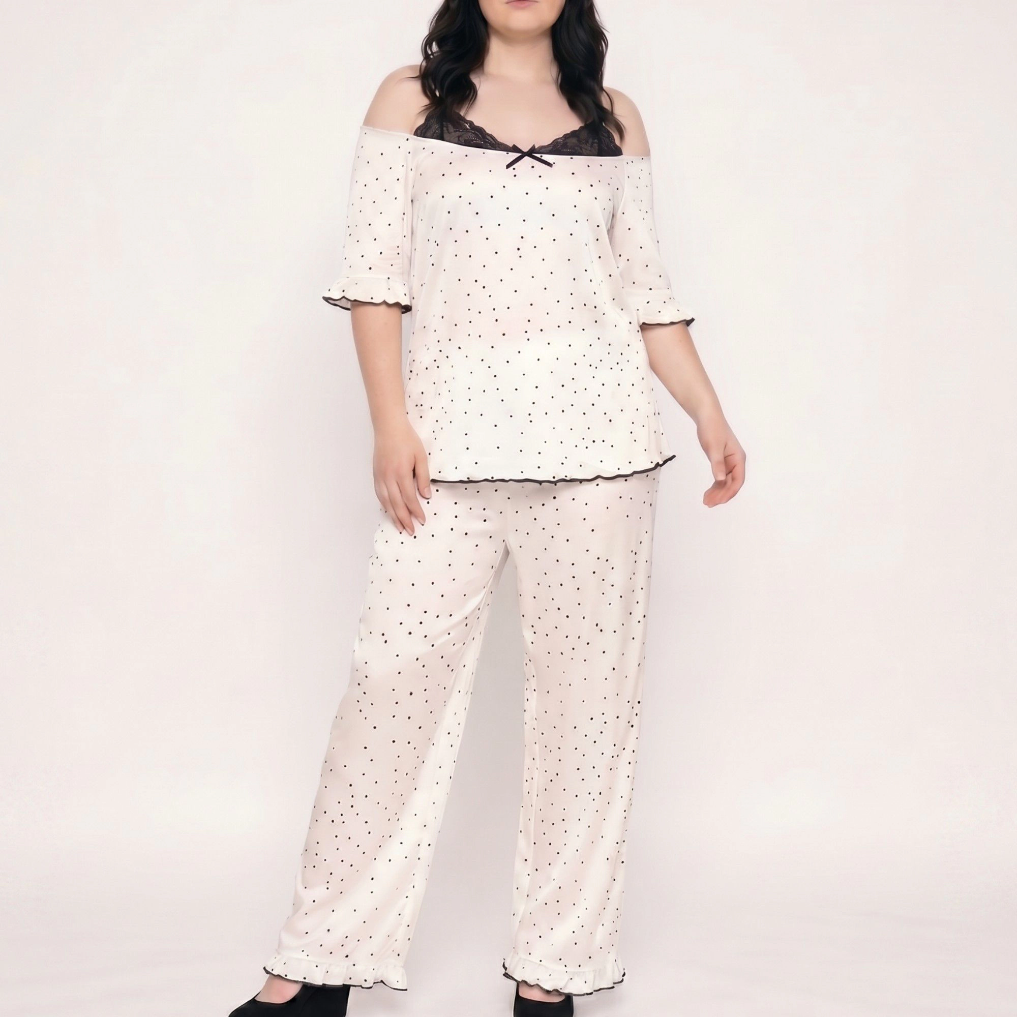 Anna-Kaci Women's Plus 2-Piece Polka Dot Off Shoulder Pajama Top and Wide Leg Pants Sleepwear Lounge Set