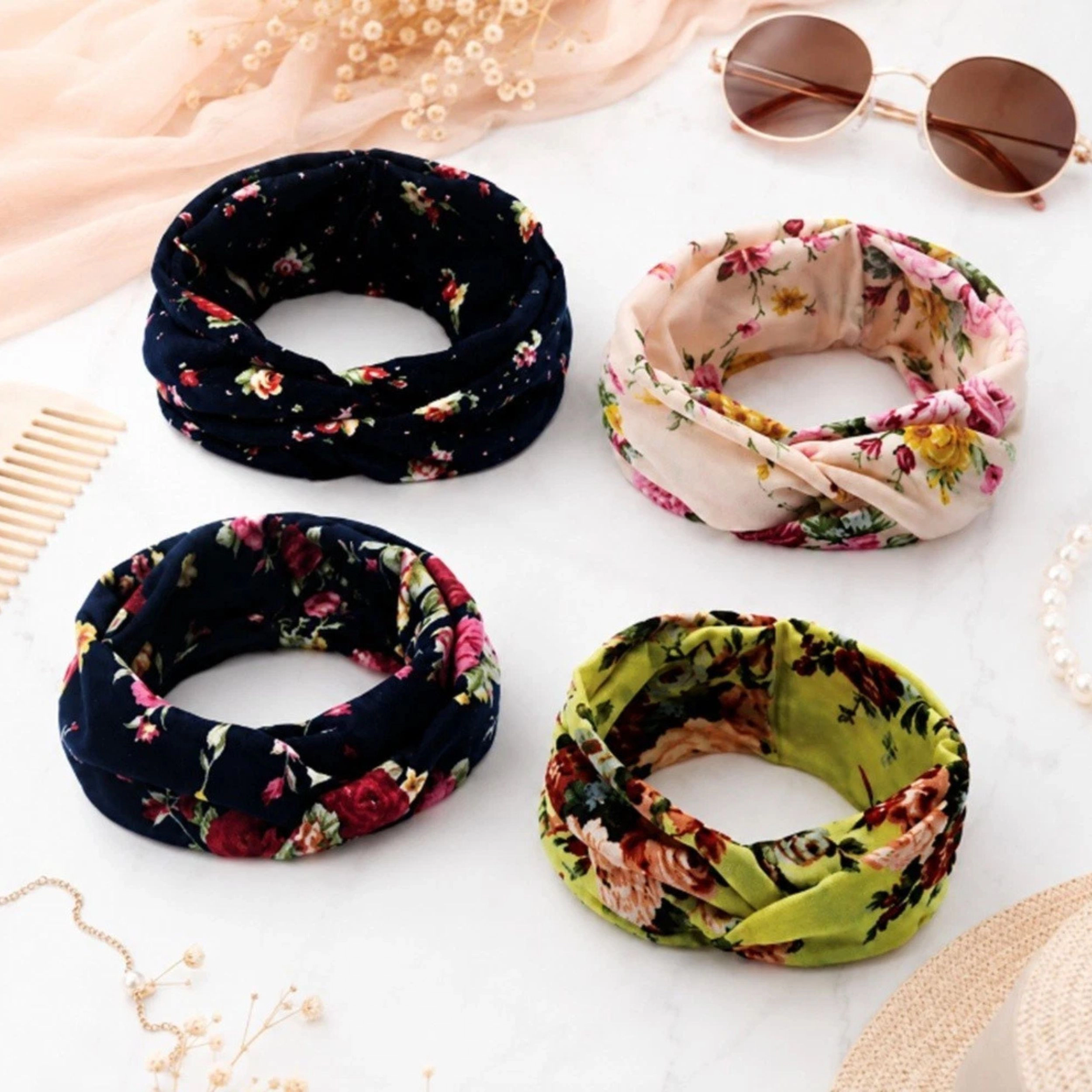 Home Collection Pack of 4 Floral Turban Headbands for Women Wide Elastic Hair Bands
