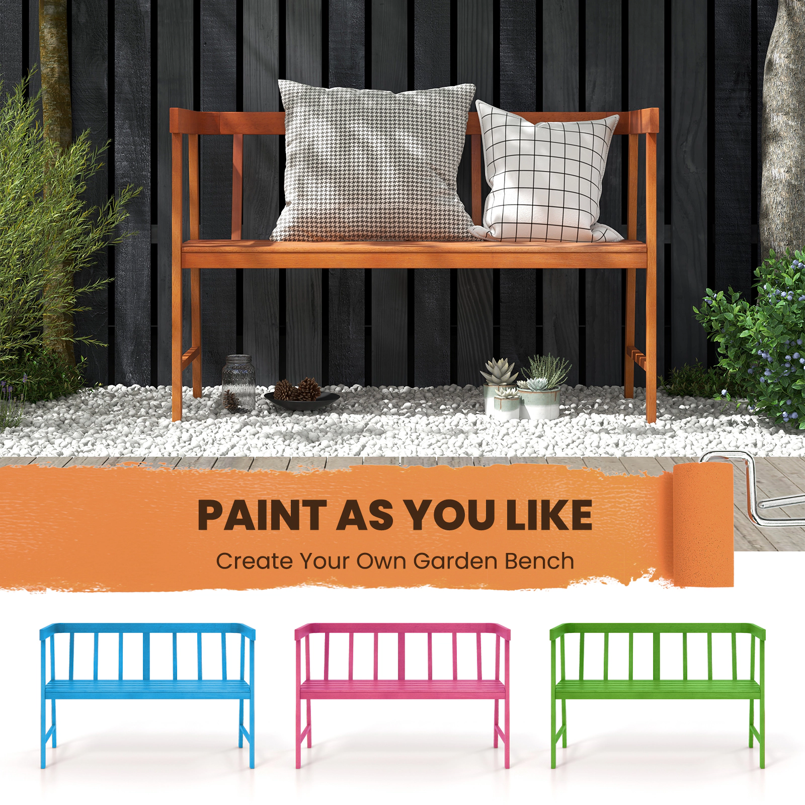 SUGIFT 43-Inch Natural Eucalyptus Wood Outdoor Bench, 2-Seat, Backrest and Wrap-Around Arms