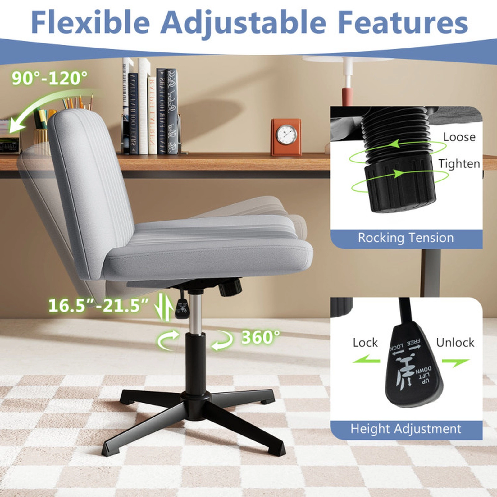 SUGIFT Extra Wide Cross-Legged Swivel Desk Chair with Rocking Tension Control 350-lb Capacity Gray and Black