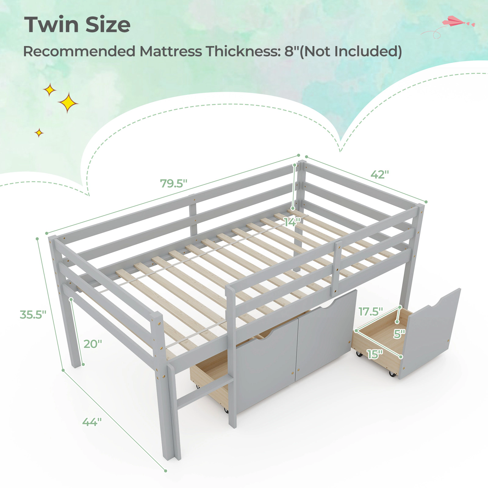 SUGIFT Gray 3 Drawers Ladder and Full-Length Guardrails Twin Kids Low Loft Bed