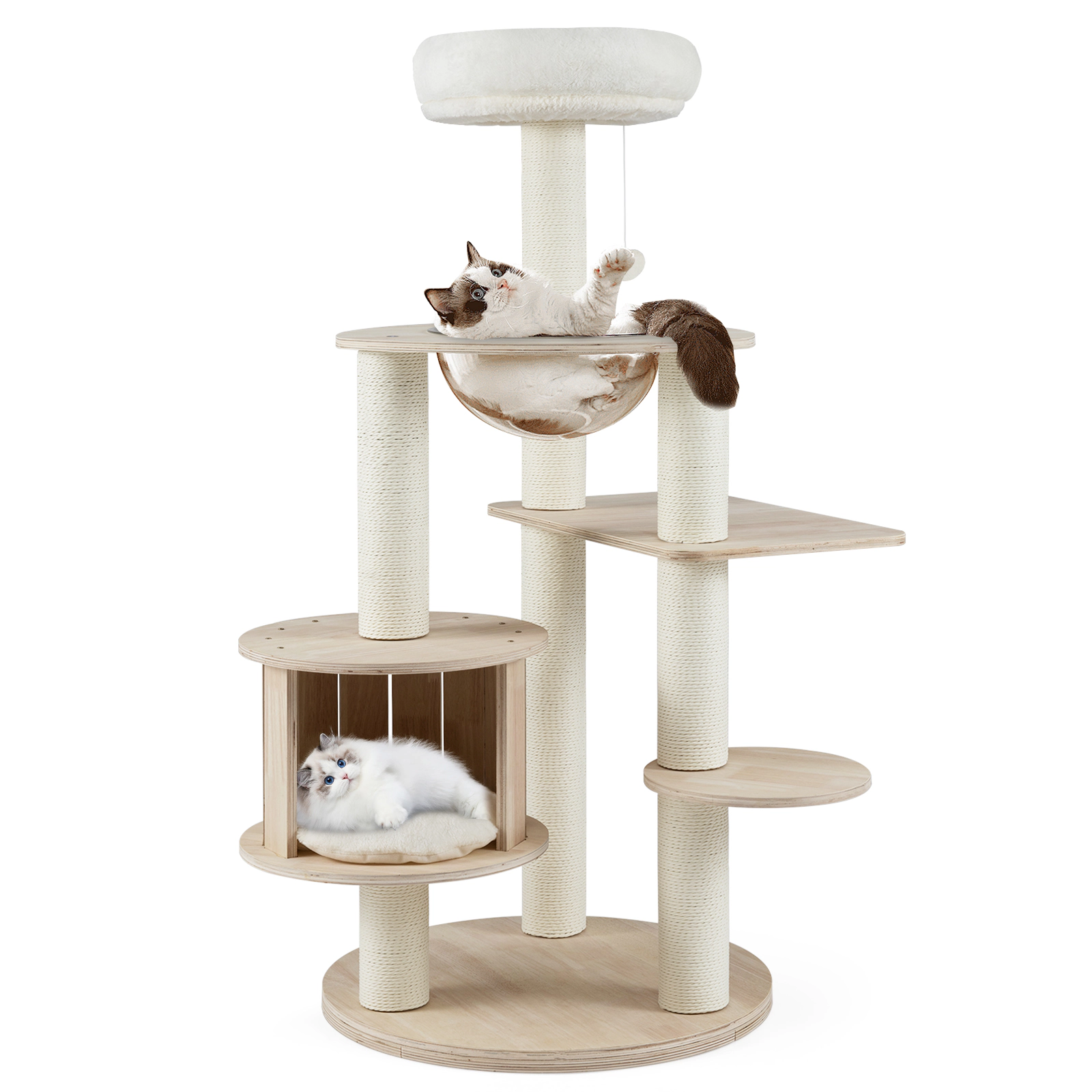 Glintex 52-Inch Pine Wood Cat Tree with Slatted Condo Wall and Space Capsule, Natural