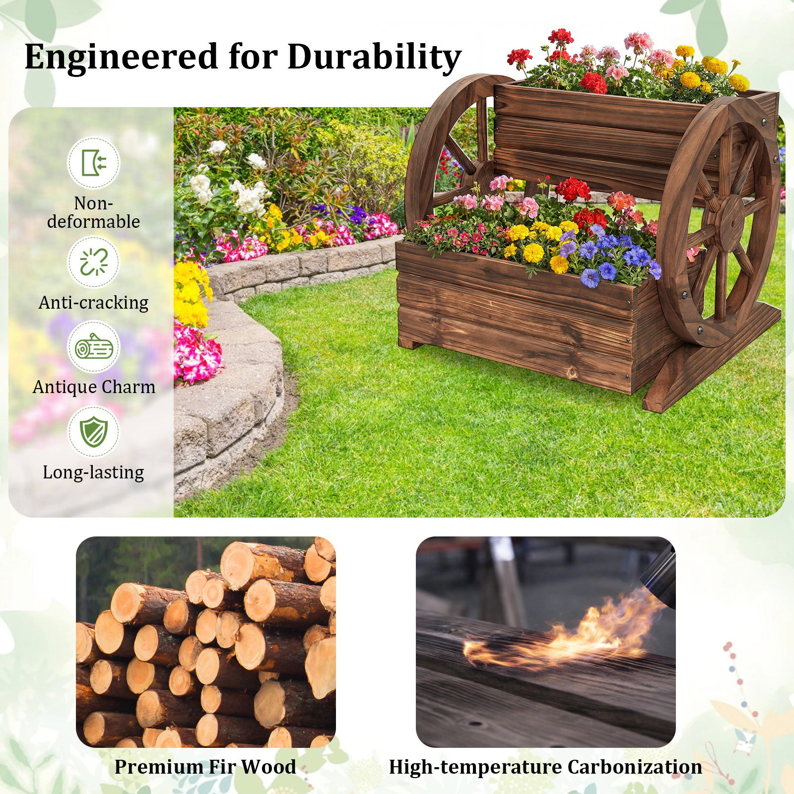 SUGIFT 2-Tier 11-lb Capacity Coffee Fir Wood Wagon Raised Garden Bed Planter with Drainage Hole and Wheels