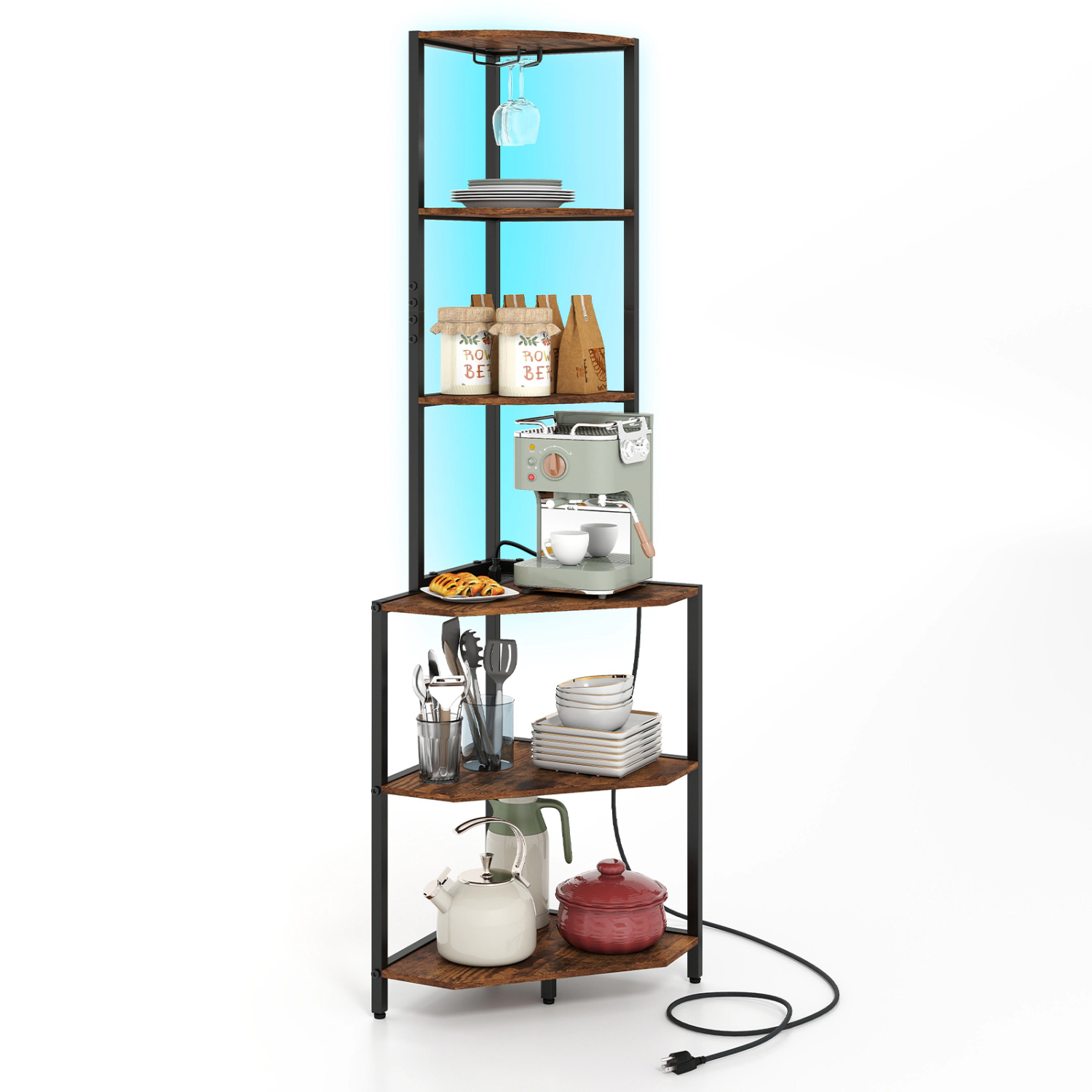 LJG 65 Inch 6-Tier Corner Shelf with Charging Station and Ambience Light
